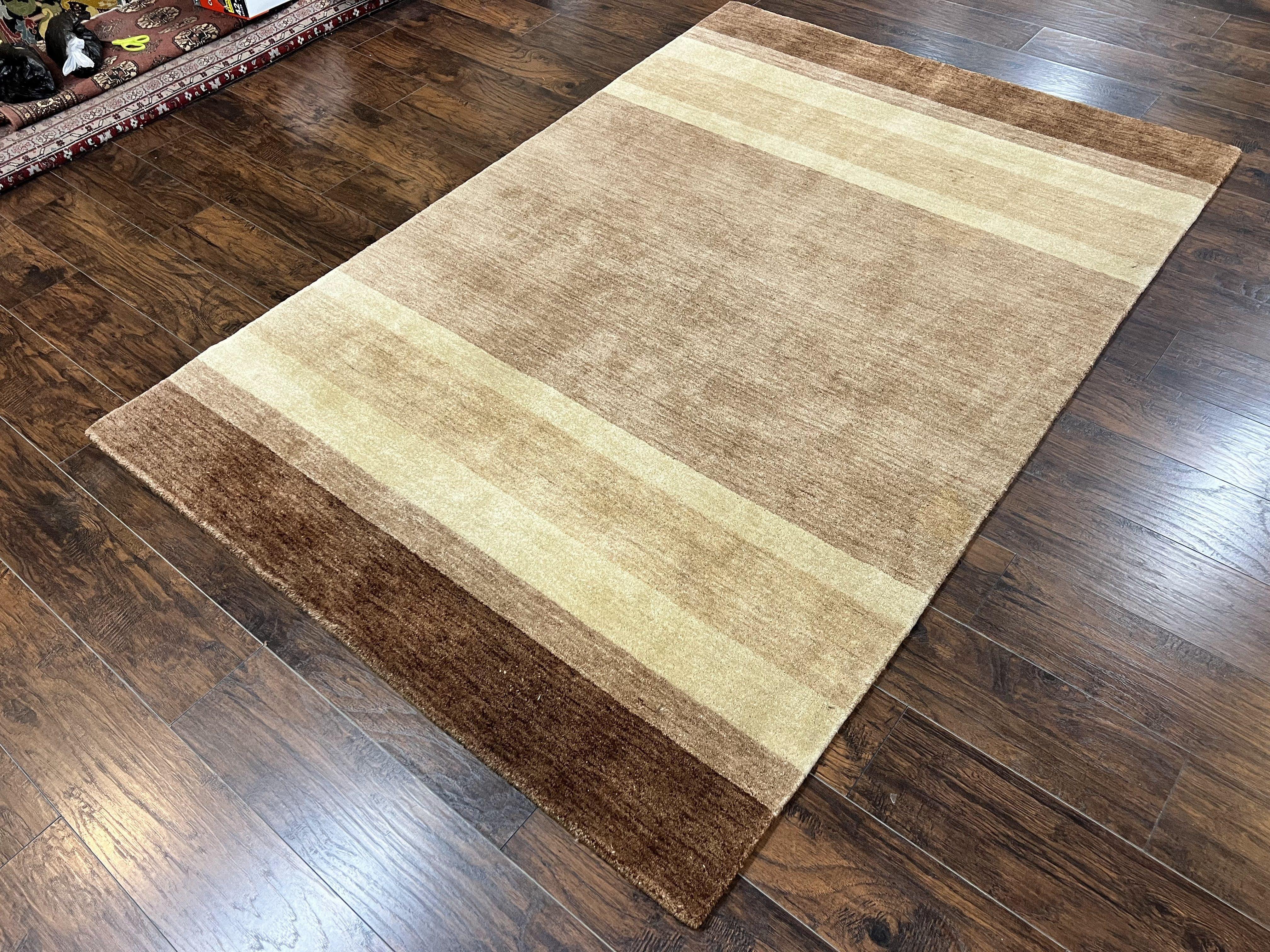 Indo Gabbeh Rug 5x8, Contemporary Wool Stripped Modern Area Rug, Hand Knotted Medium Sized Carpet