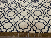 Indian Kilim Rug 8x10, Oat and Navy Blue, Dhurrie Carpet, Handmade, Wool