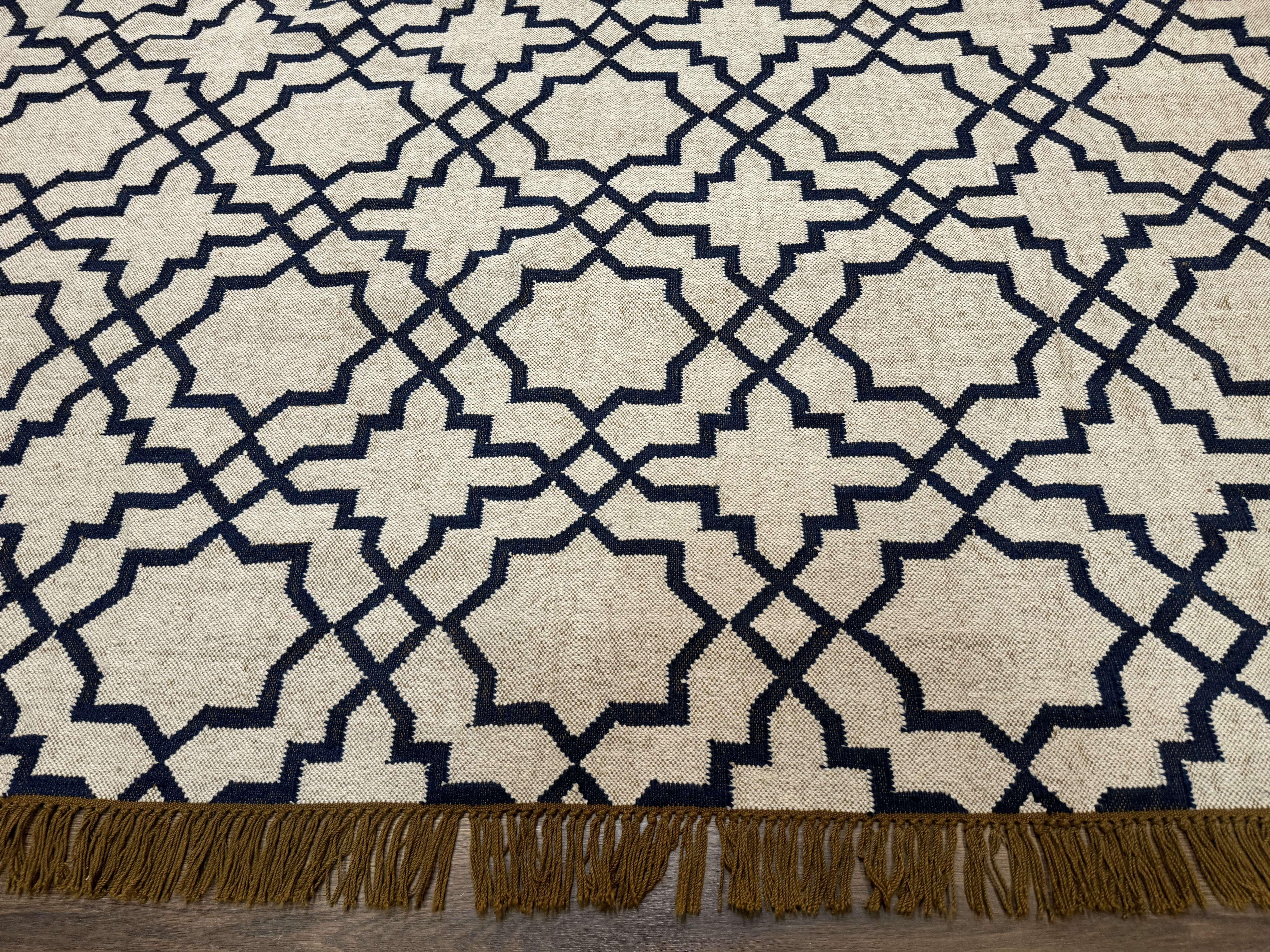 Indian Kilim Rug 8x10, Oat and Navy Blue, Dhurrie Carpet, Handmade, Wool