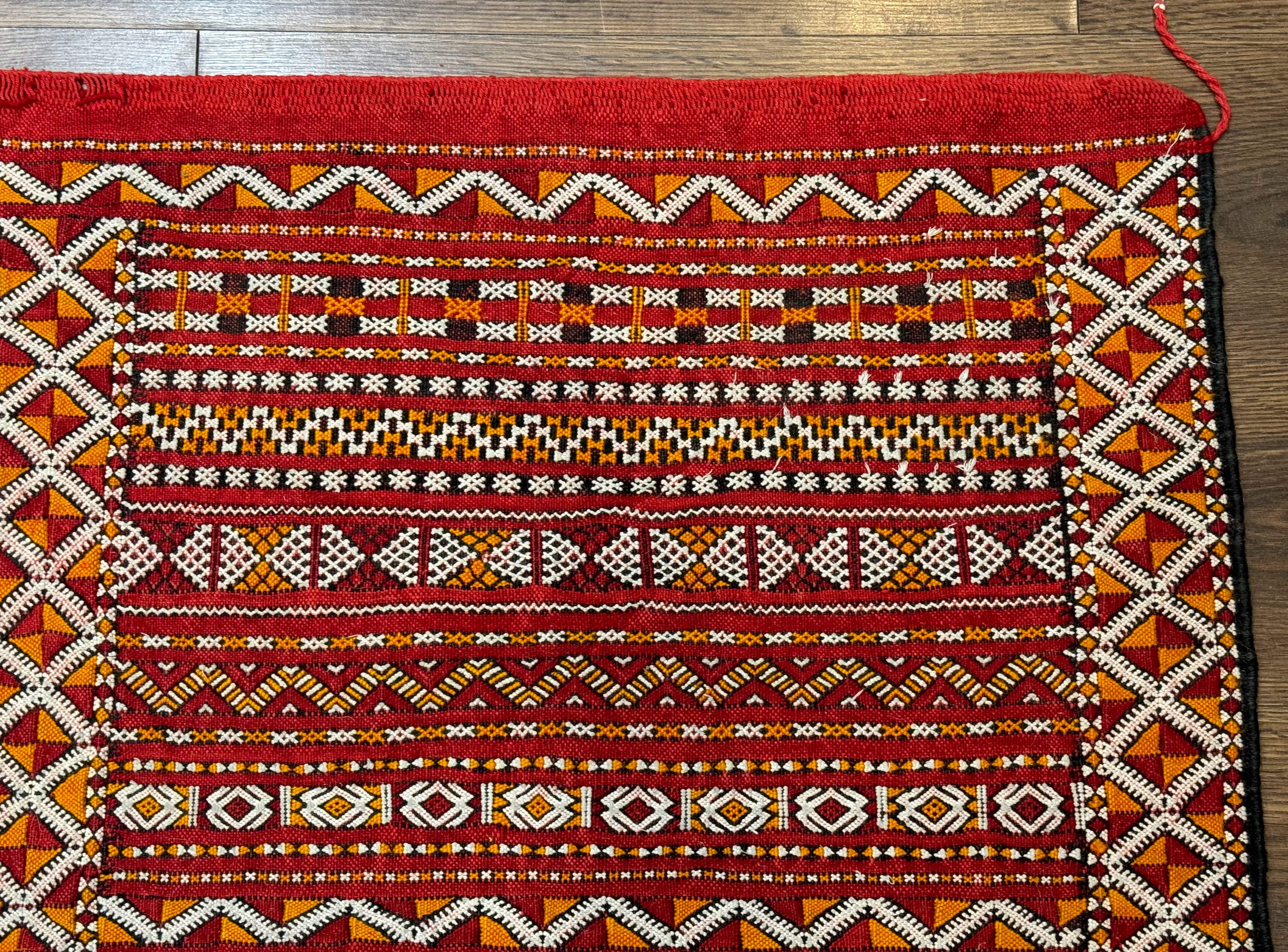 Moroccan Kilim Rug 4x8, Flatweave, Bohemian, Red Ivory Orange