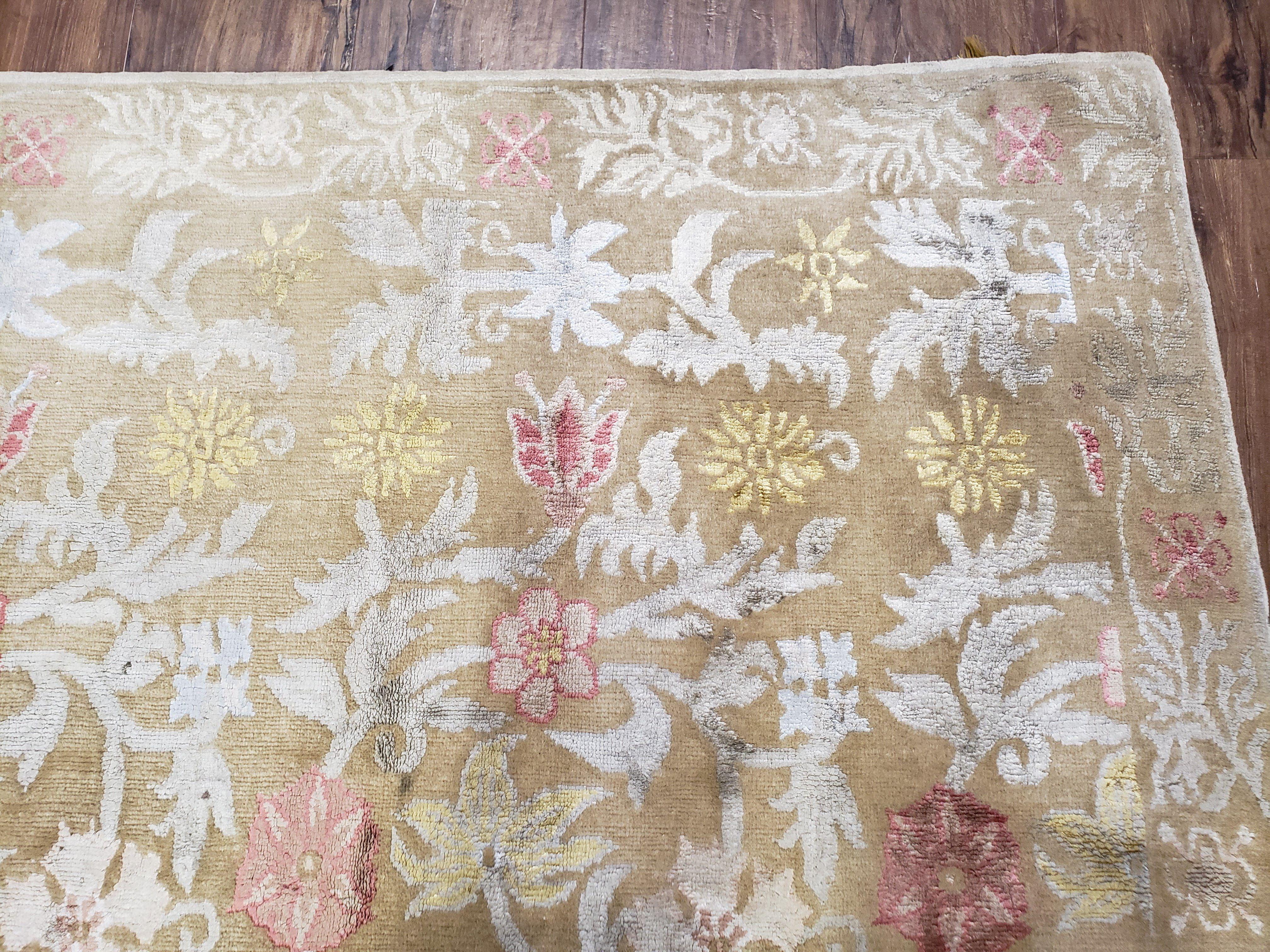 Modern Tibetan Rug 6x9, Wool and Silk Tibetan Rug, Handmade Tibetan Rug, Silk Flowers, Contemporary Rug, Soft Rug, Tibetan Area Rug, Tan