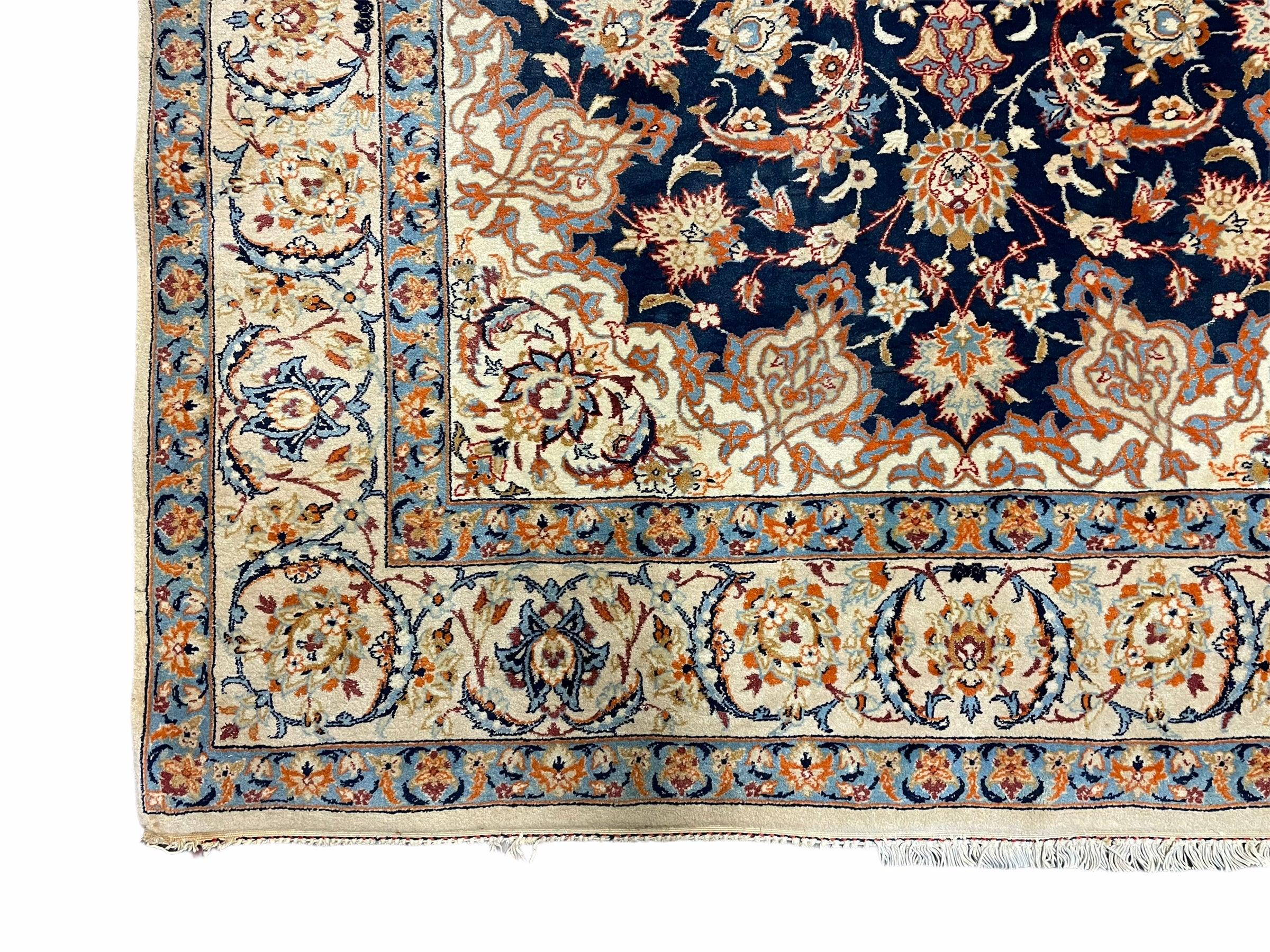 Persian Isfahan Rug 4x5, Navy Blue & Ivory, Wool and Silk Highlights