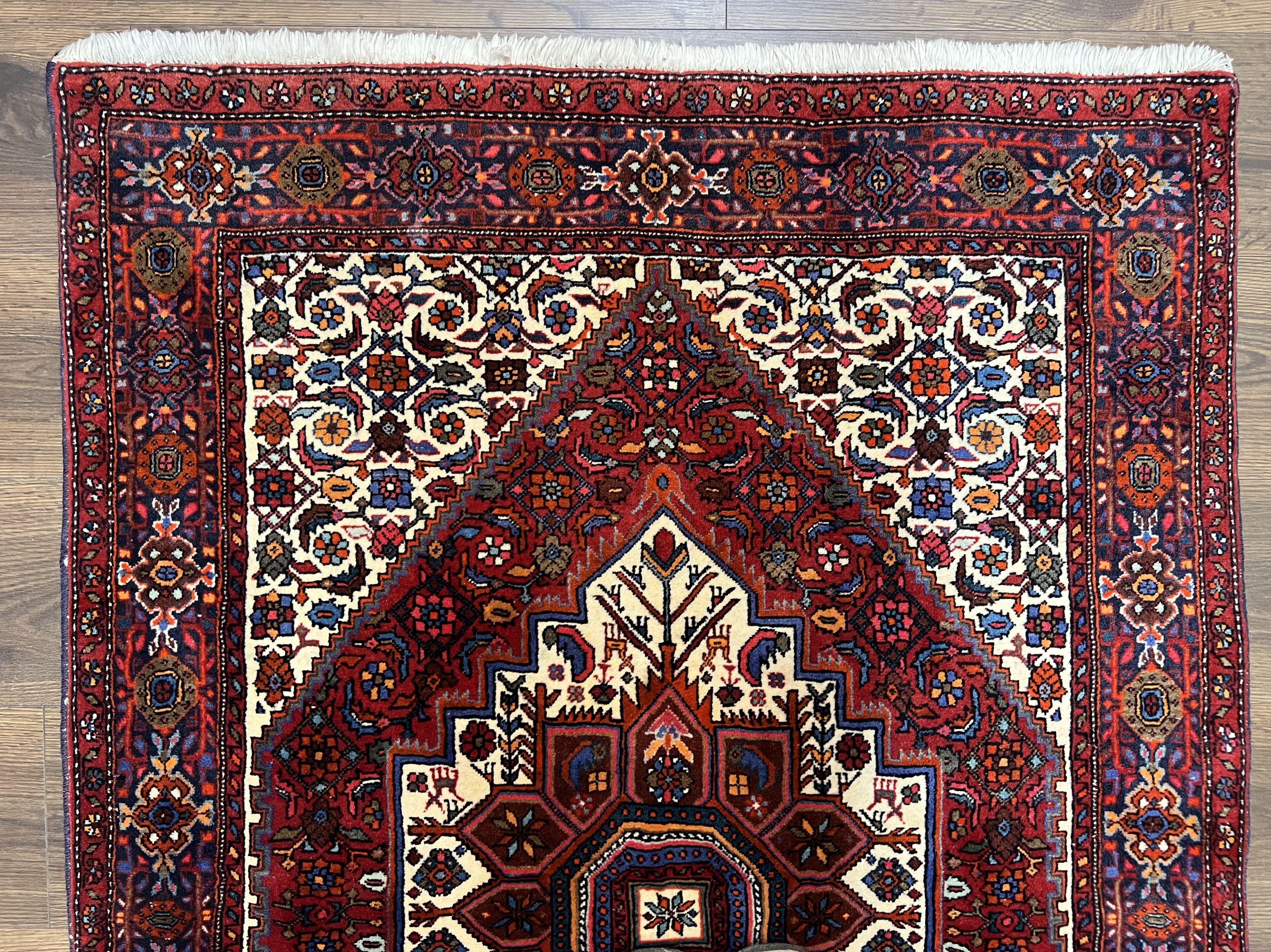 Fine Persian Bidjar Rug 3x5, Geometric Medallion Oriental Bijar Carpet 3 x 5 ft, Ruby Red and Cream, Hand Knotted Wool Rug, Semi Antique Tribal Rug, Nice