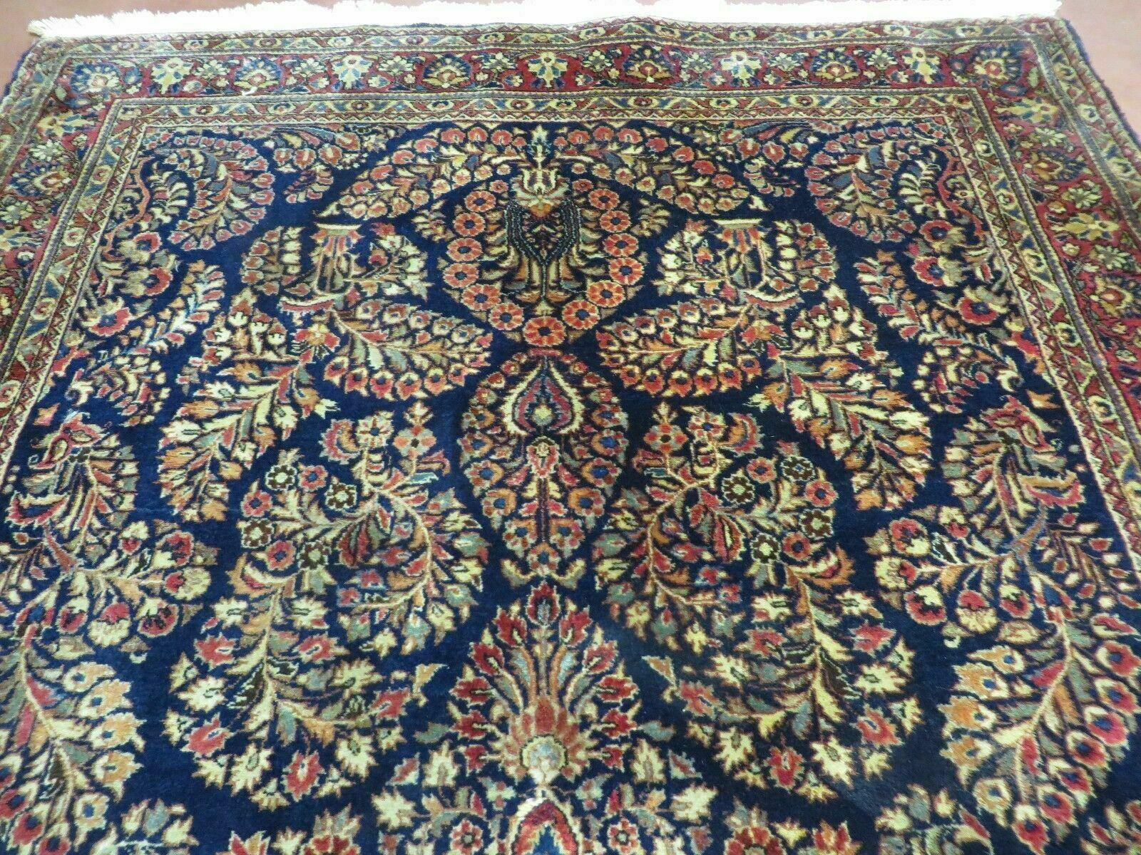 Antique Persian Sarouk Rug 4x6, Hand Knotted 1920s Oriental Carpet 4 x 6 ft, Navy Blue and Red Wool Rug, Handmade Floral Allover Persian Area Rug