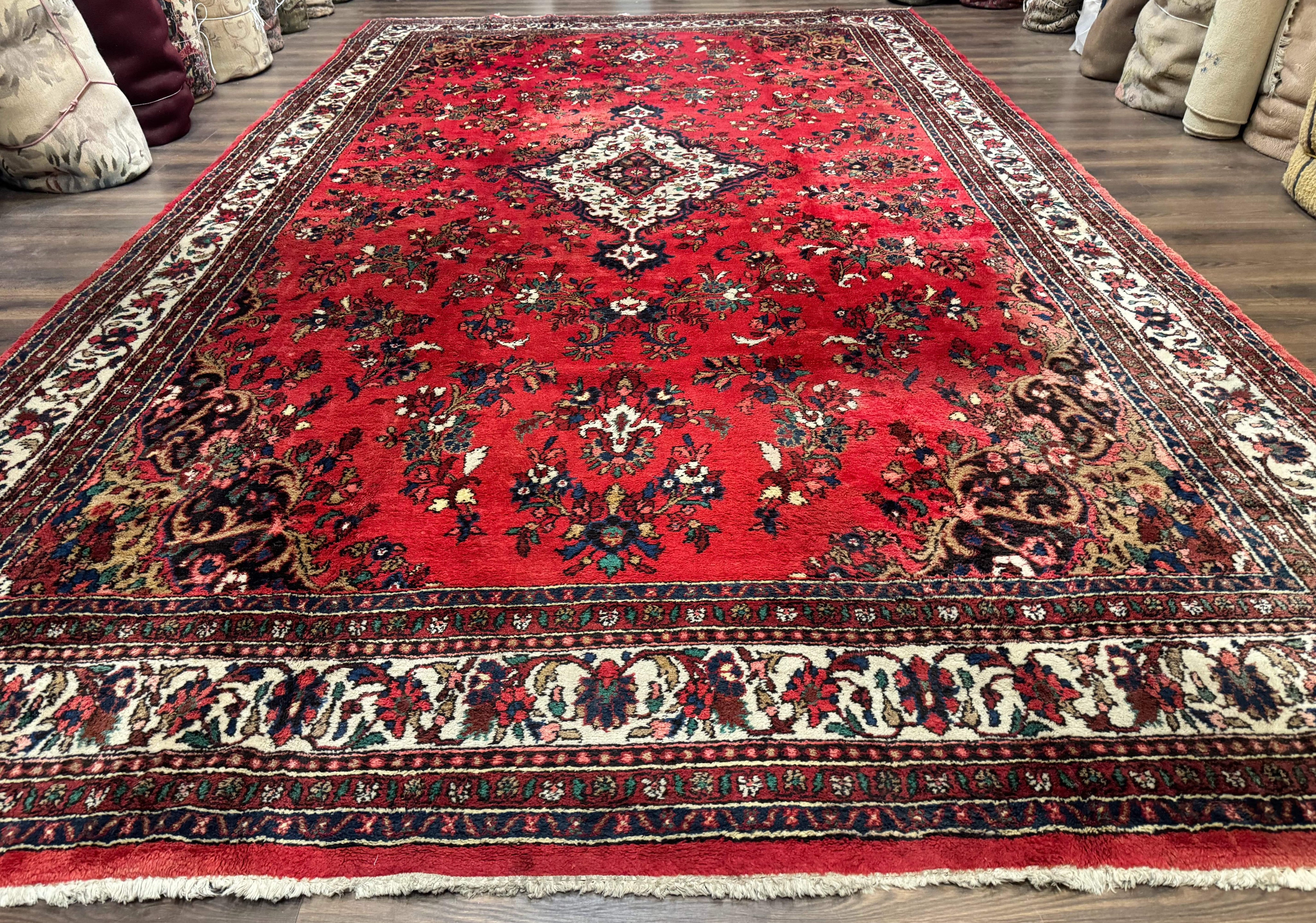 Palace Size Persian Rug 11x18, Red, Bibikabad Rug, Handmade Large Wool Carpet, Persian Hamadan Rug, Dargazin Rug
