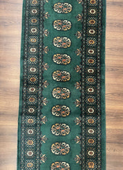 Pakistani Bokhara Runner Rug 2.5 x 11, Green Turkoman Wool Runner for Hallway