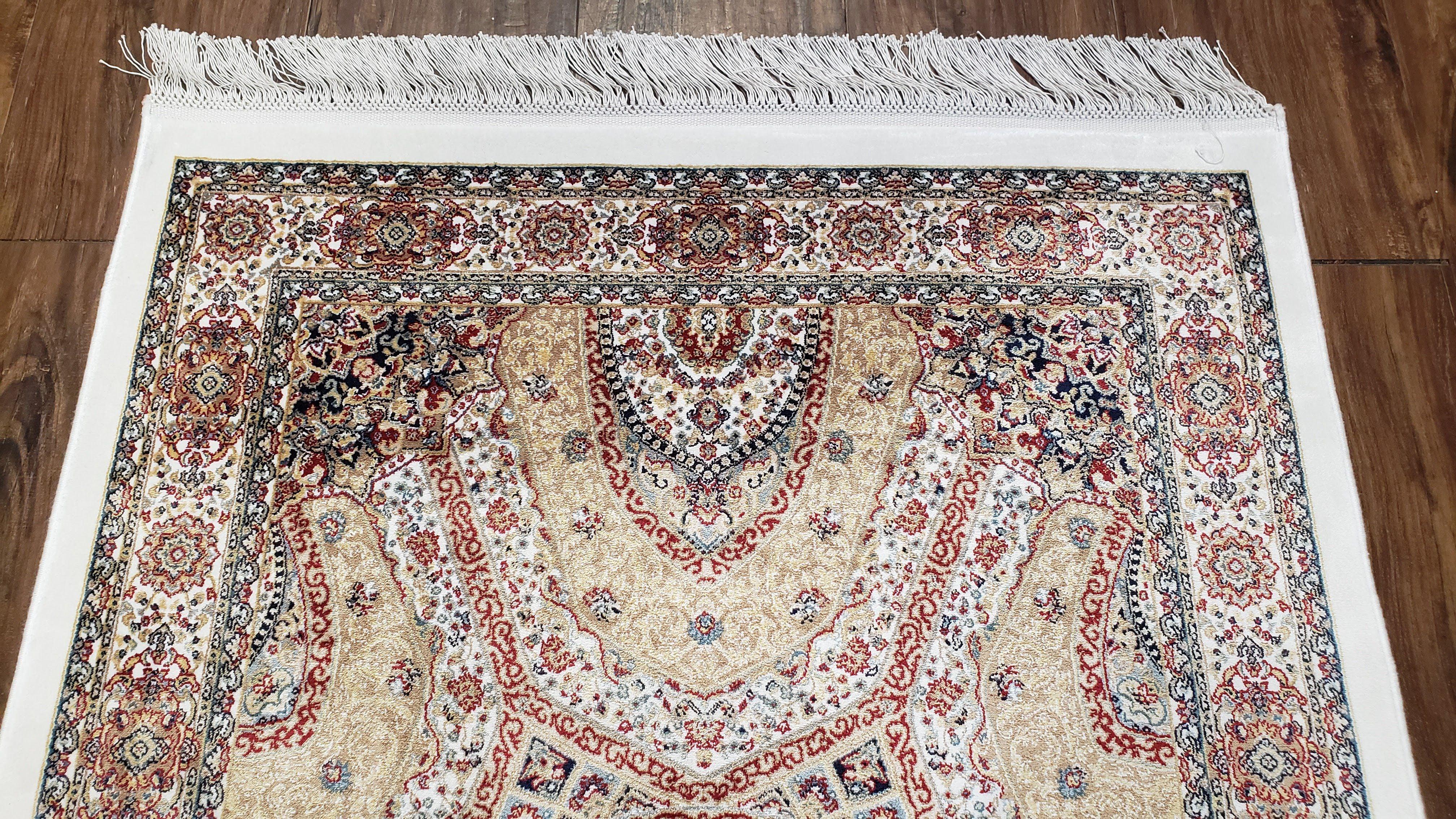 Persian Design Silk Accent Rug, Dome Medallion, Allover Pattern Oriental Carpet, Small Silk Rug, Cream, Ivory, Bamboo Silk, 2' 8" x 4' 1"