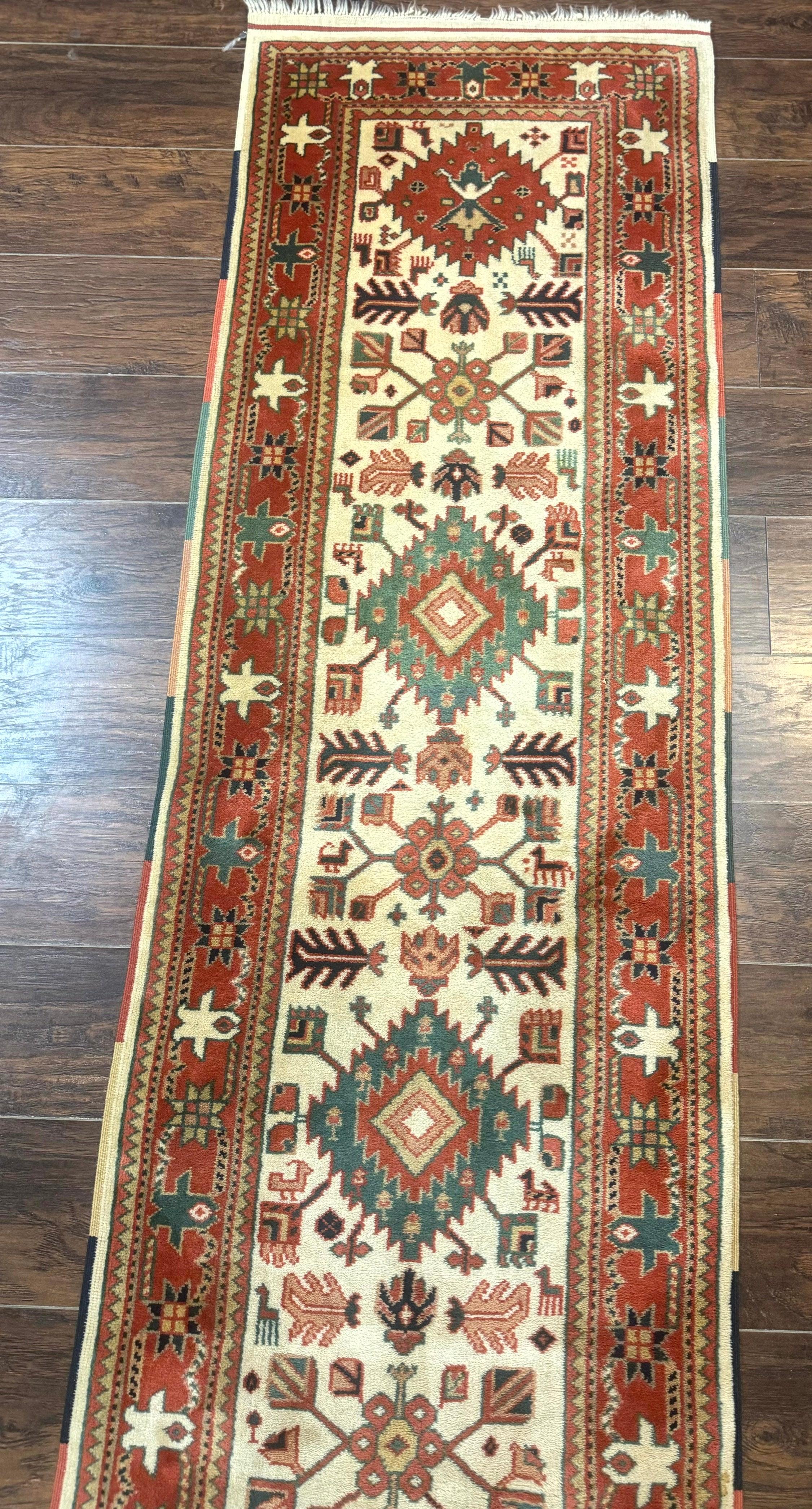 Turkish Runner Rug 2.4 x 8, Kazak Geometric Heriz Pattern, Beige Red