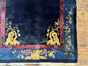 Antique Chinese Peking Rug 3x6, Dark Blue, Bird Motif, Handmade Wool Art Deco Asian Oriental Carpet, Pair B
