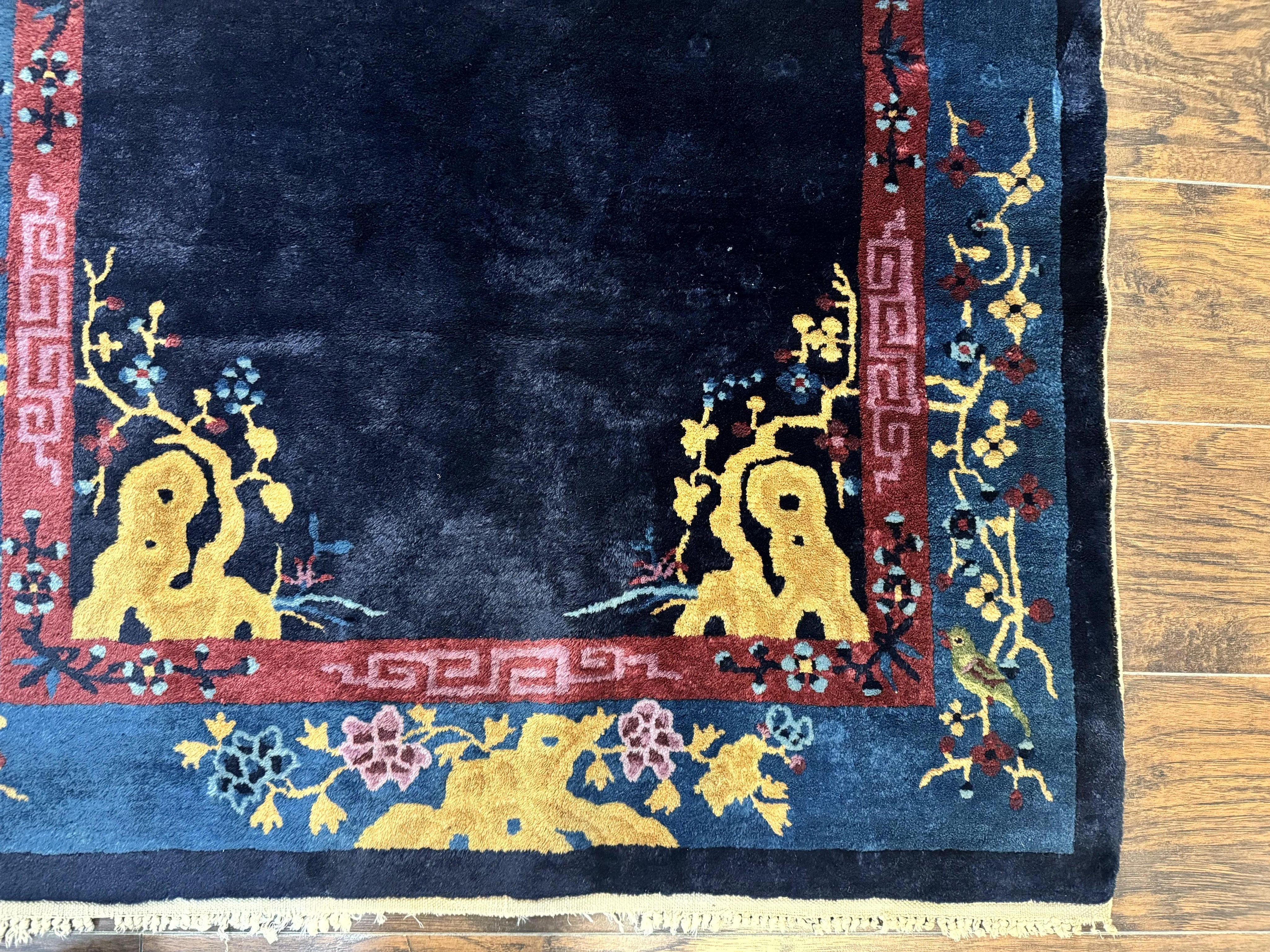 Antique Chinese Peking Rug 3x6, Dark Blue, Bird Motif, Handmade Wool Art Deco Asian Oriental Carpet, Pair B