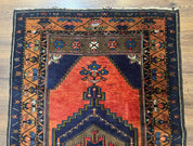 Persian Rug 3x6, Geometric Medallion, Village Tribal Rug, Terracotta and Navy Blue, Antique Nahavand Hamadan Rug