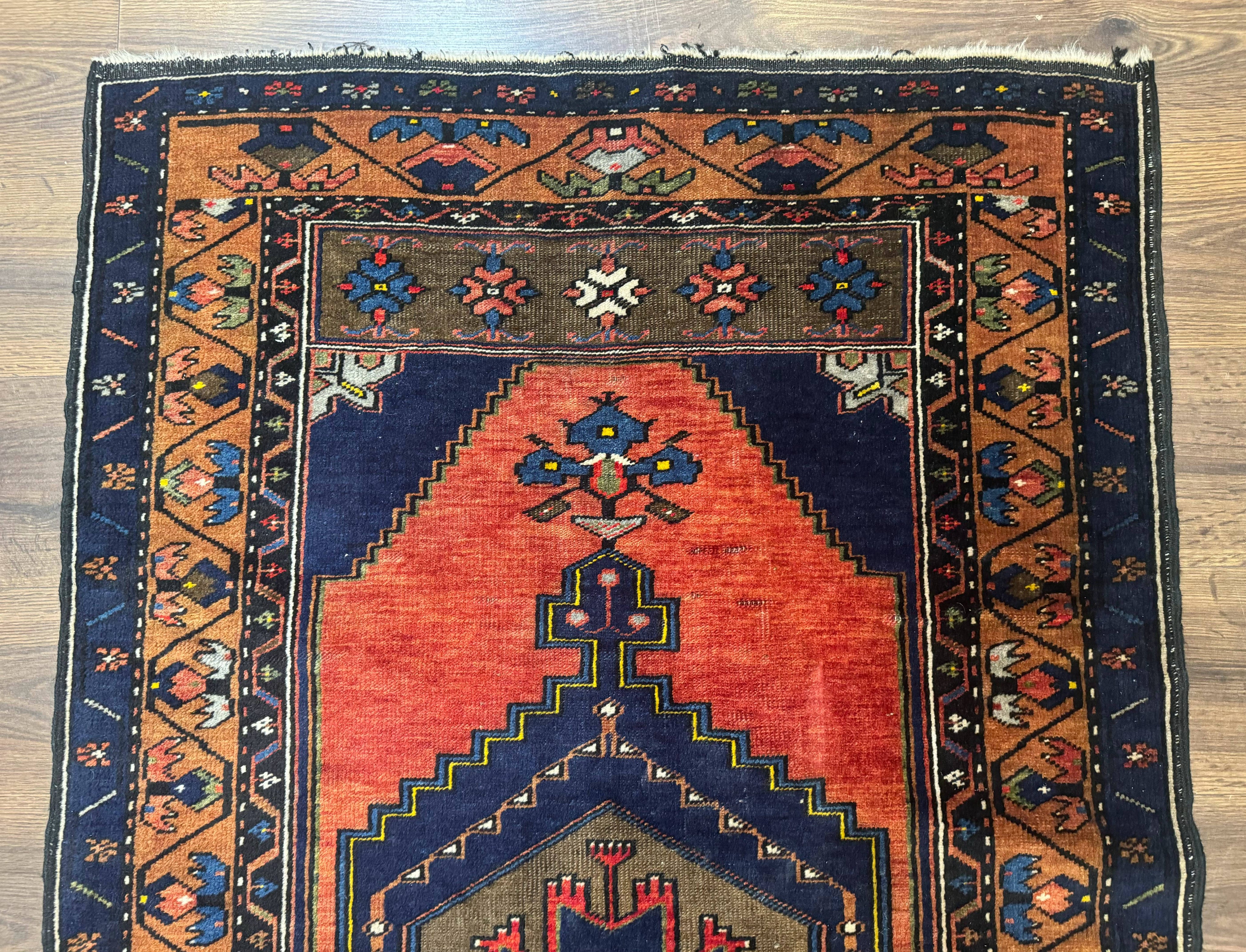 Persian Rug 3x6, Geometric Medallion, Village Tribal Rug, Terracotta and Navy Blue, Antique Nahavand Hamadan Rug