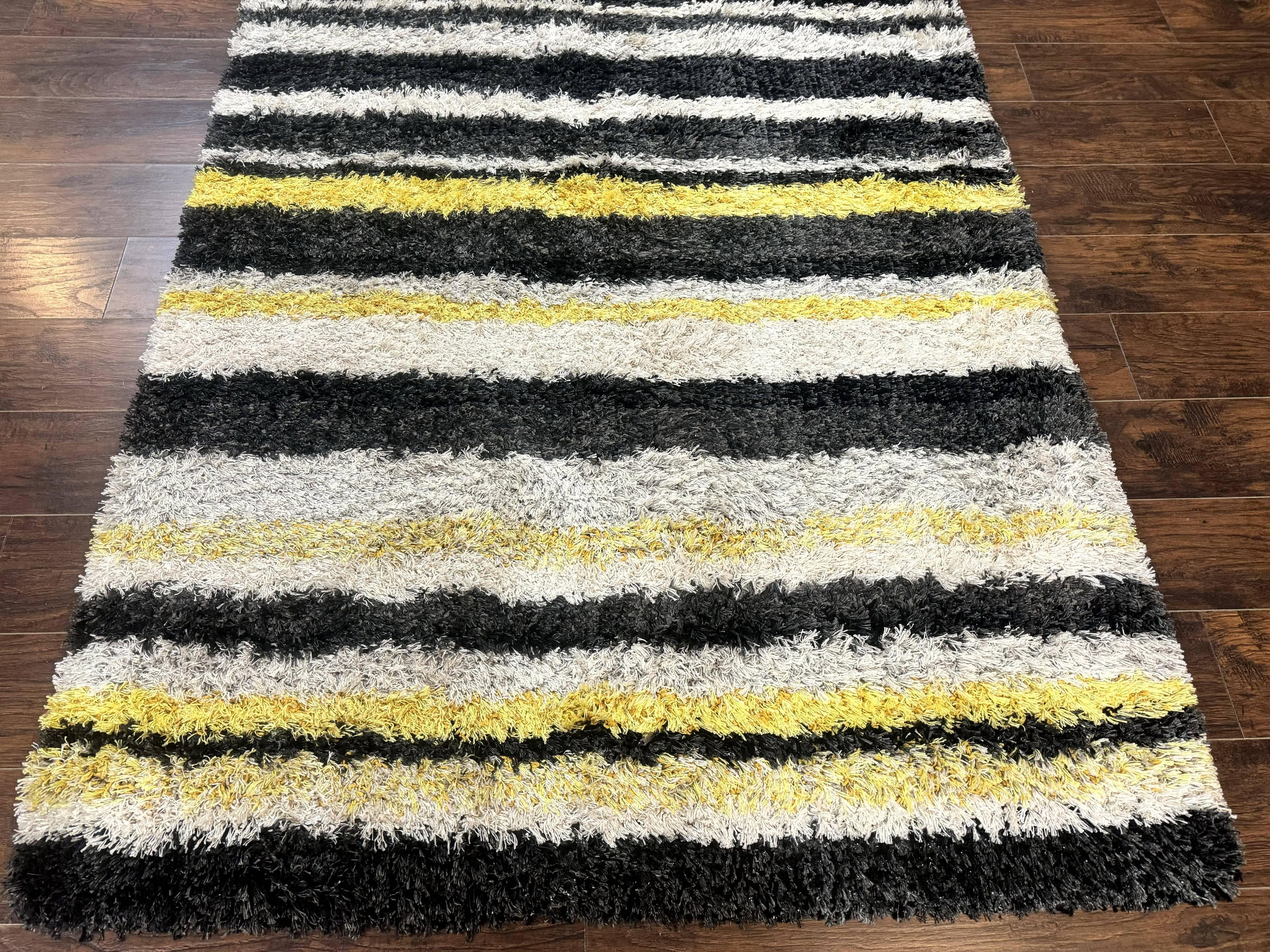 Shag Rug 5x8, Yellow Ivory Charcoal, Contemporary