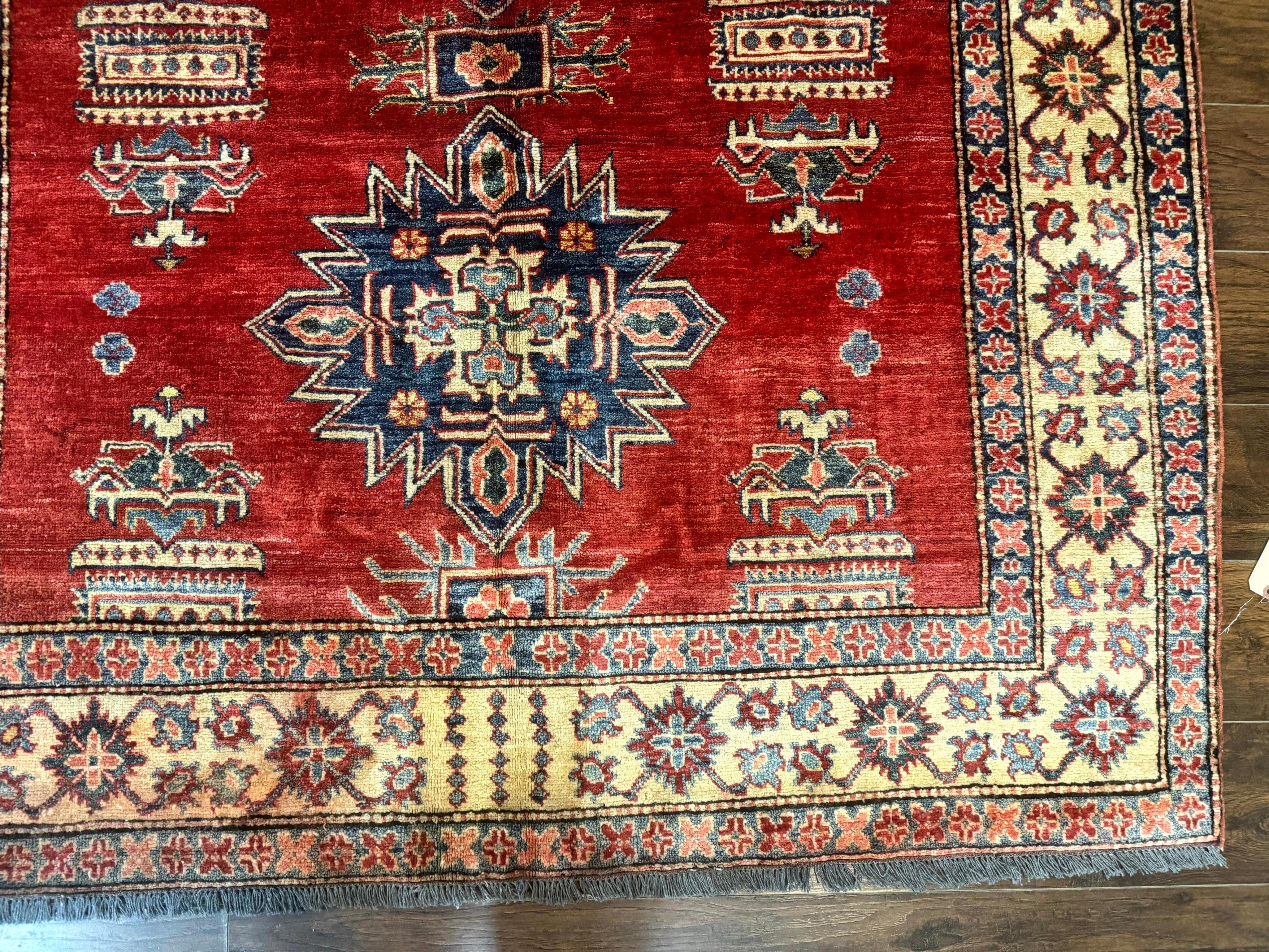 Square Turkish Rug 6x6, Azerbaijani Azeri Turkish Armenian Rug, Red Tan Blue, Geometric, Wool Carpet