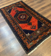 Persian Rug 3x6, Geometric Medallion, Village Tribal Rug, Terracotta and Navy Blue, Antique Nahavand Hamadan Rug