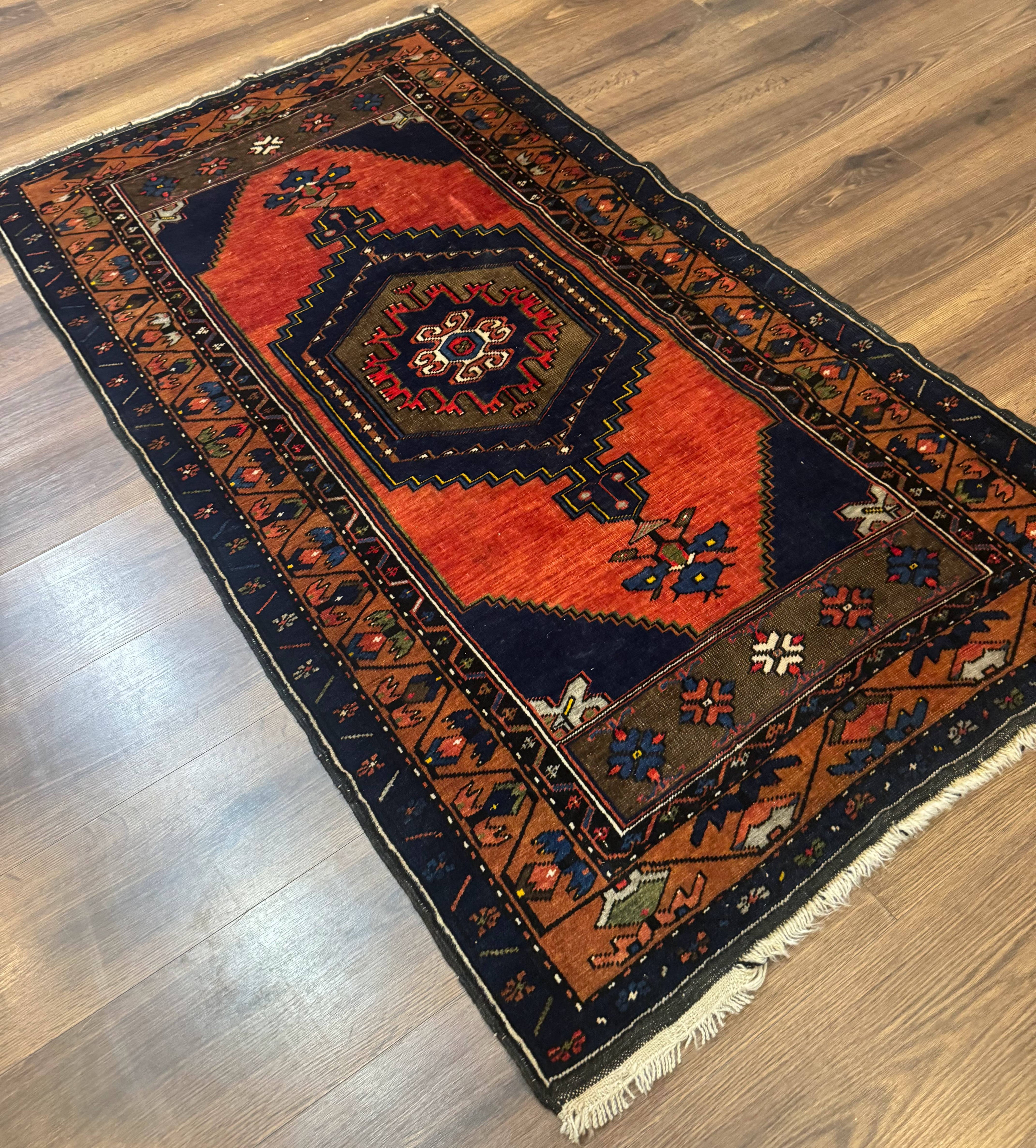 Persian Rug 3x6, Geometric Medallion, Village Tribal Rug, Terracotta and Navy Blue, Antique Nahavand Hamadan Rug