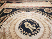 8x10 Woolen Needlepoint Rug Black European Savonnerie Carpet Circles Flat Weave Carpet Area Rug New Handmade Hand-Knotted Harp Flowers