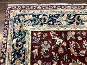 Indo Persian Rug 8x10, Floral Allover with Bird Pictorials, Maroon and Navy Blue, Handmade Wool Area Rug