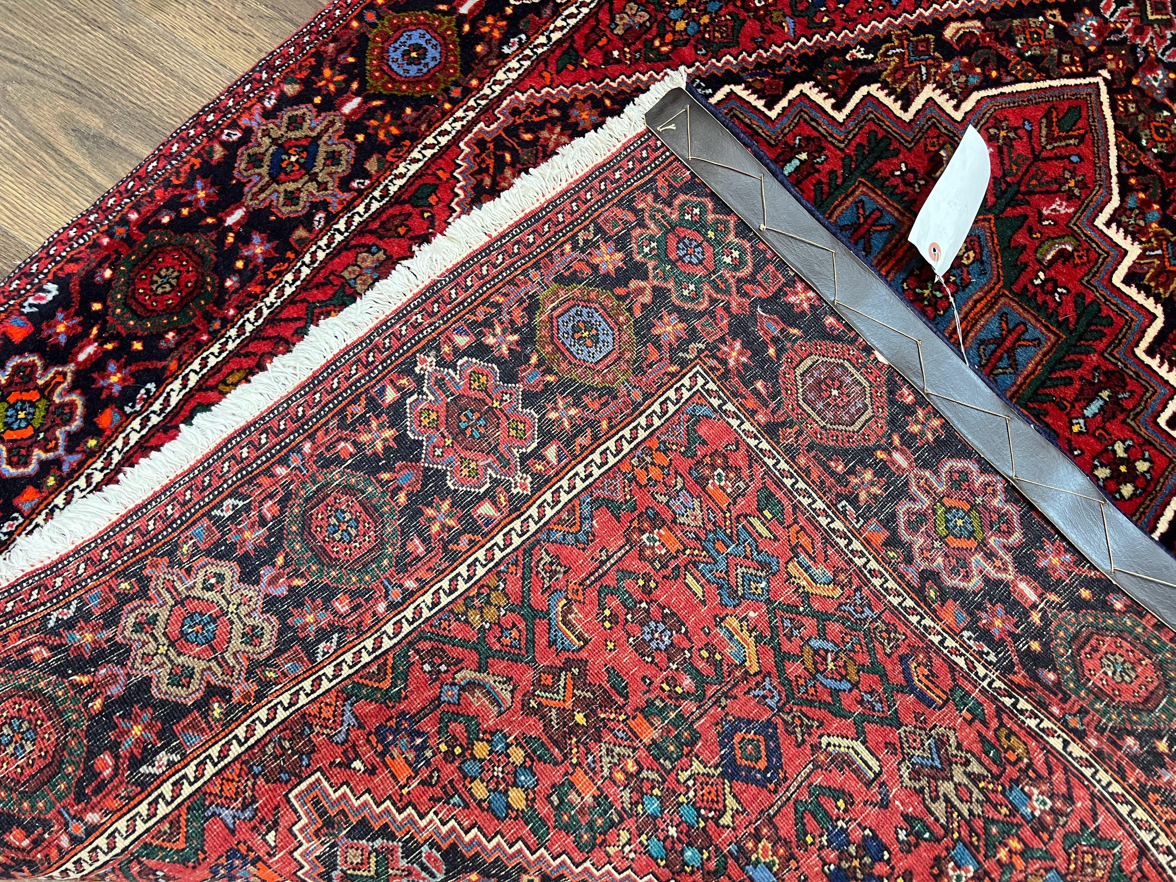 Fine Persian Bidjar Rug 3x5 ft, Ruby Red and Black, Geometric Medallion, Hand Knotted Semi Antique Oriental Bijar Carpet, Wool Area Rug, Tribal Rug