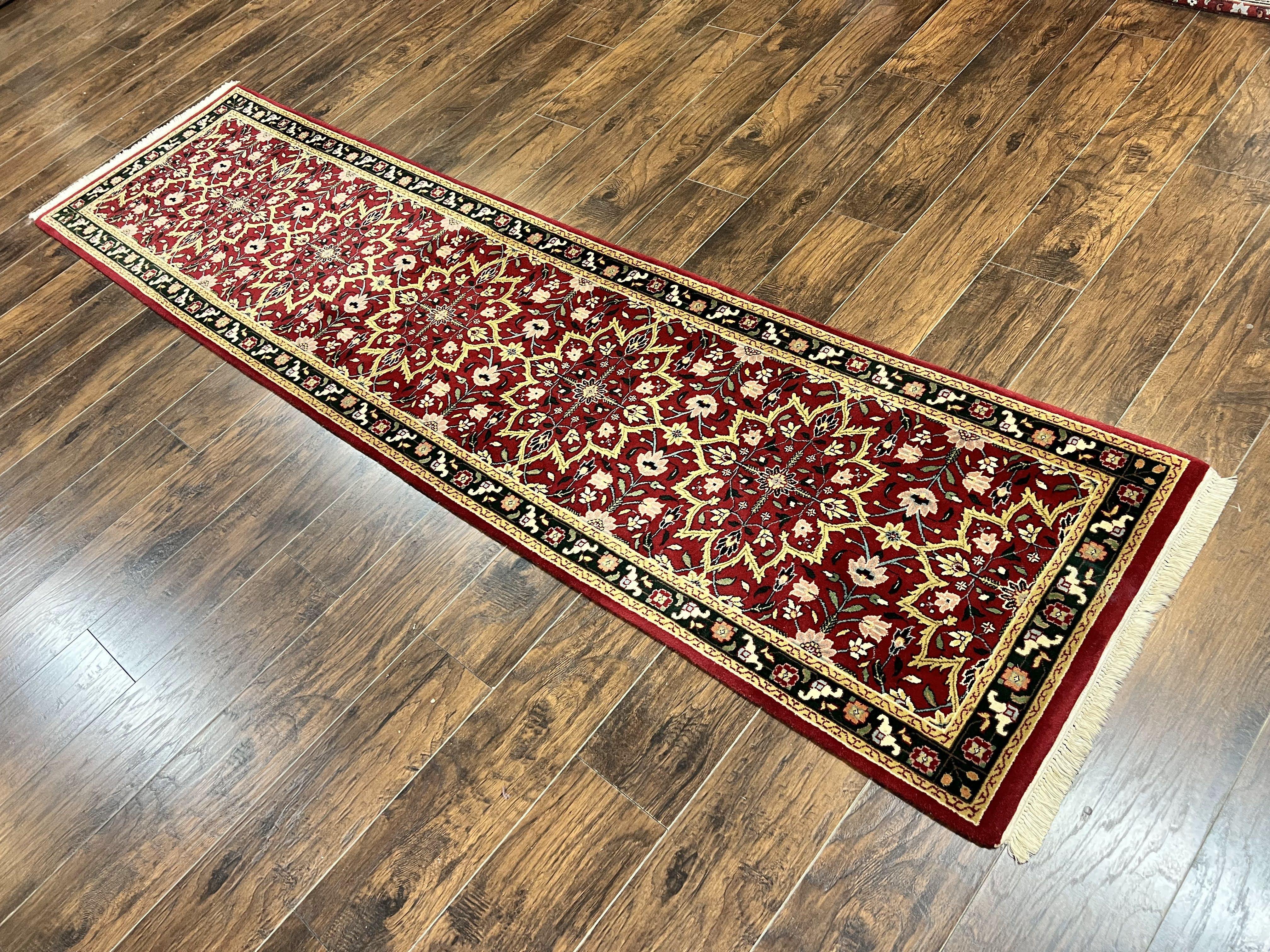 Indo Persian Runner Rug 2.6 x 10, Floral Hand Knotted Wool Hallway Rug, Red