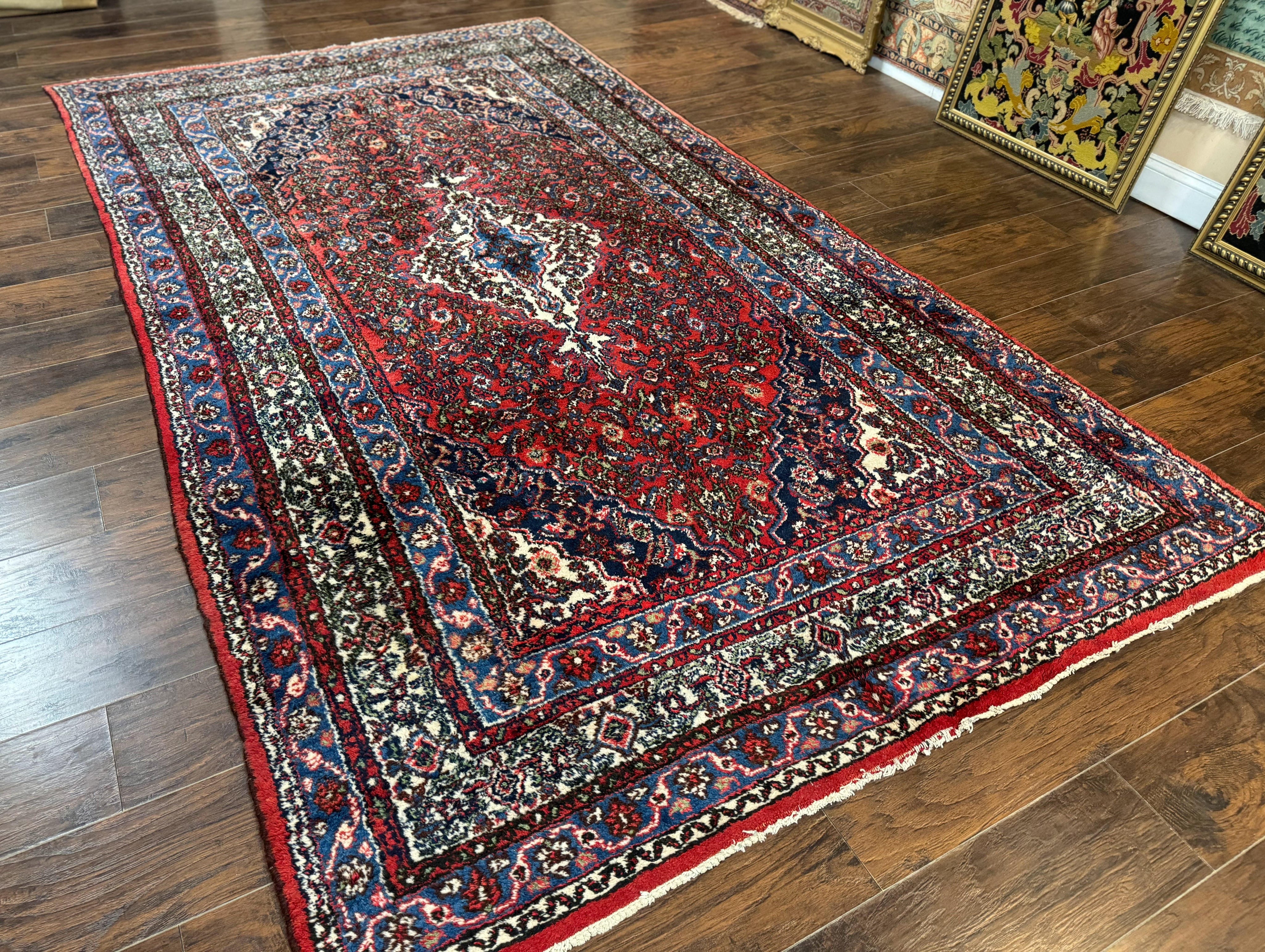 Persian Tribal Rug 6x11, Red Blue Ivory, Antique Persian Carpet, Hamadan Dargazin Carpet