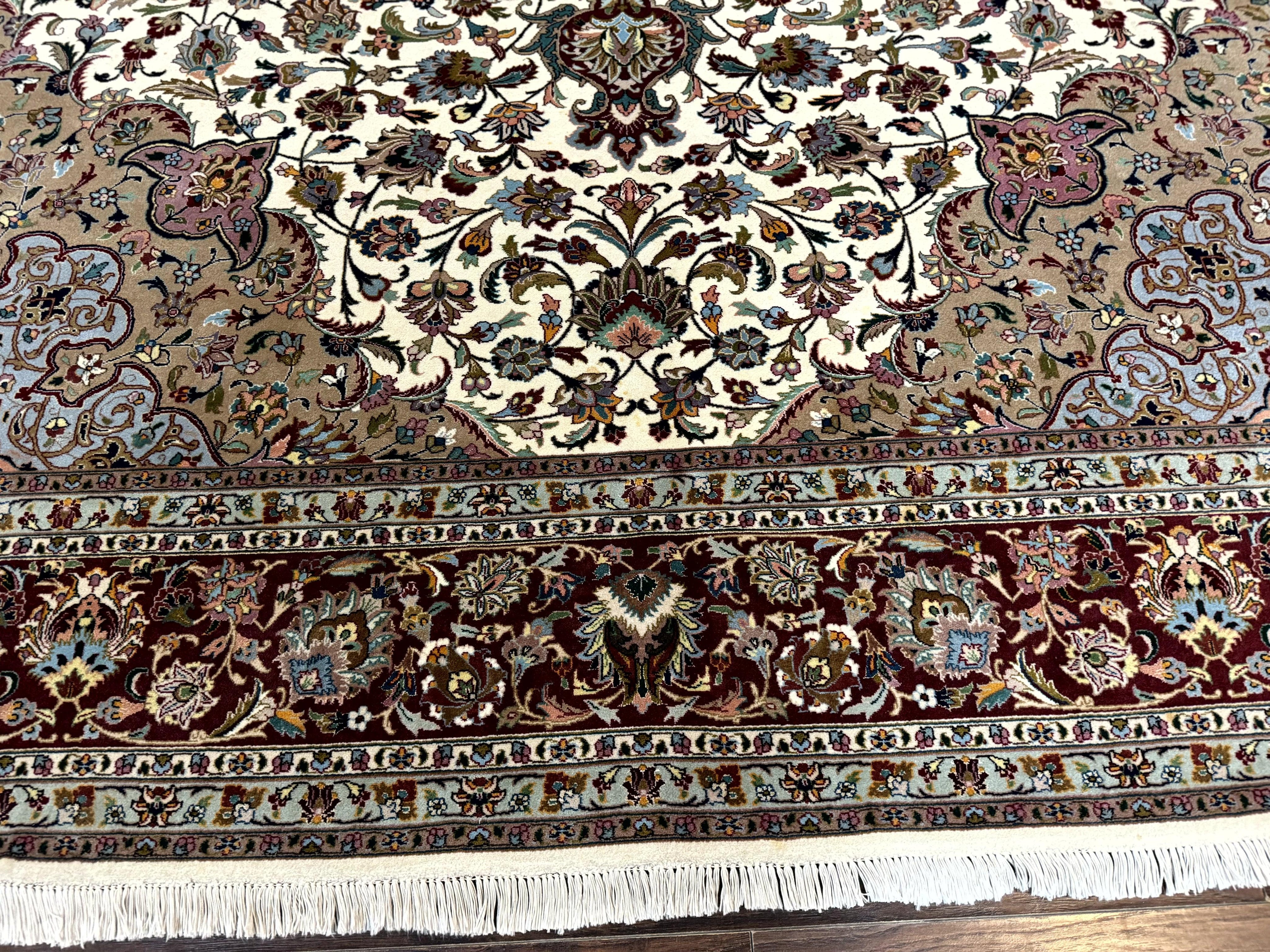 Persian Tabriz Rug 8x11, Floral Medallion Traditional Area Rug, Fine 300 KPSI, Ivory Maroon
