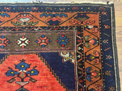 Persian Rug 3x6, Geometric Medallion, Village Tribal Rug, Terracotta and Navy Blue, Antique Nahavand Hamadan Rug