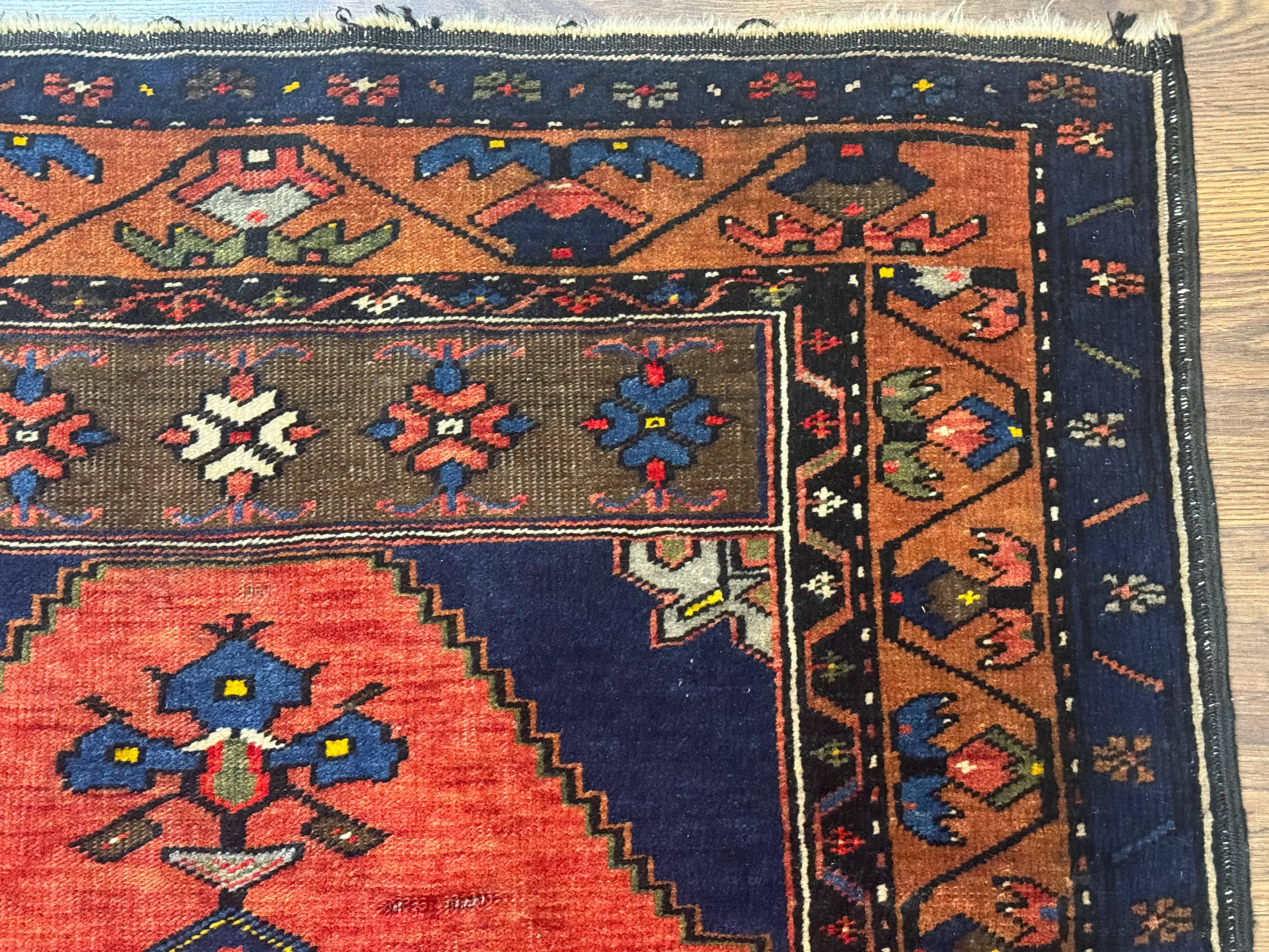 Persian Rug 3x6, Geometric Medallion, Village Tribal Rug, Terracotta and Navy Blue, Antique Nahavand Hamadan Rug