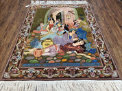 Semi Antique Persian Isfahan Pictoral Rug 4.10x6.1, Wool Handmade High Quality Decorative Carpet