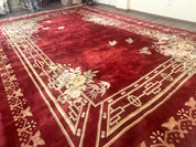 Palace Size Chinese Wool Rug 12x18, Red Art Deco Chinese Carving Carpet, Butterflies Flowers