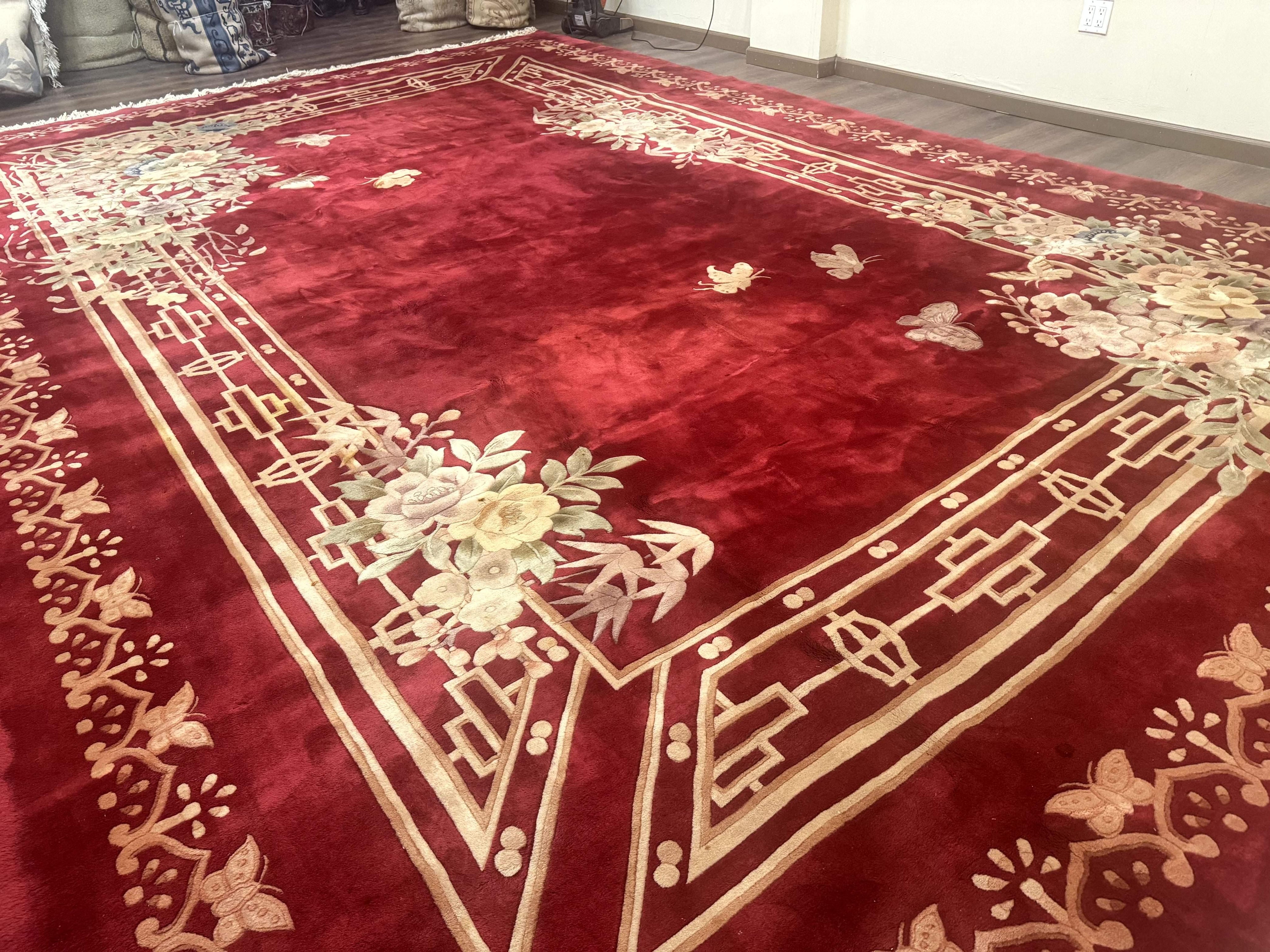 Palace Size Chinese Wool Rug 12x18, Red Art Deco Chinese Carving Carpet, Butterflies Flowers