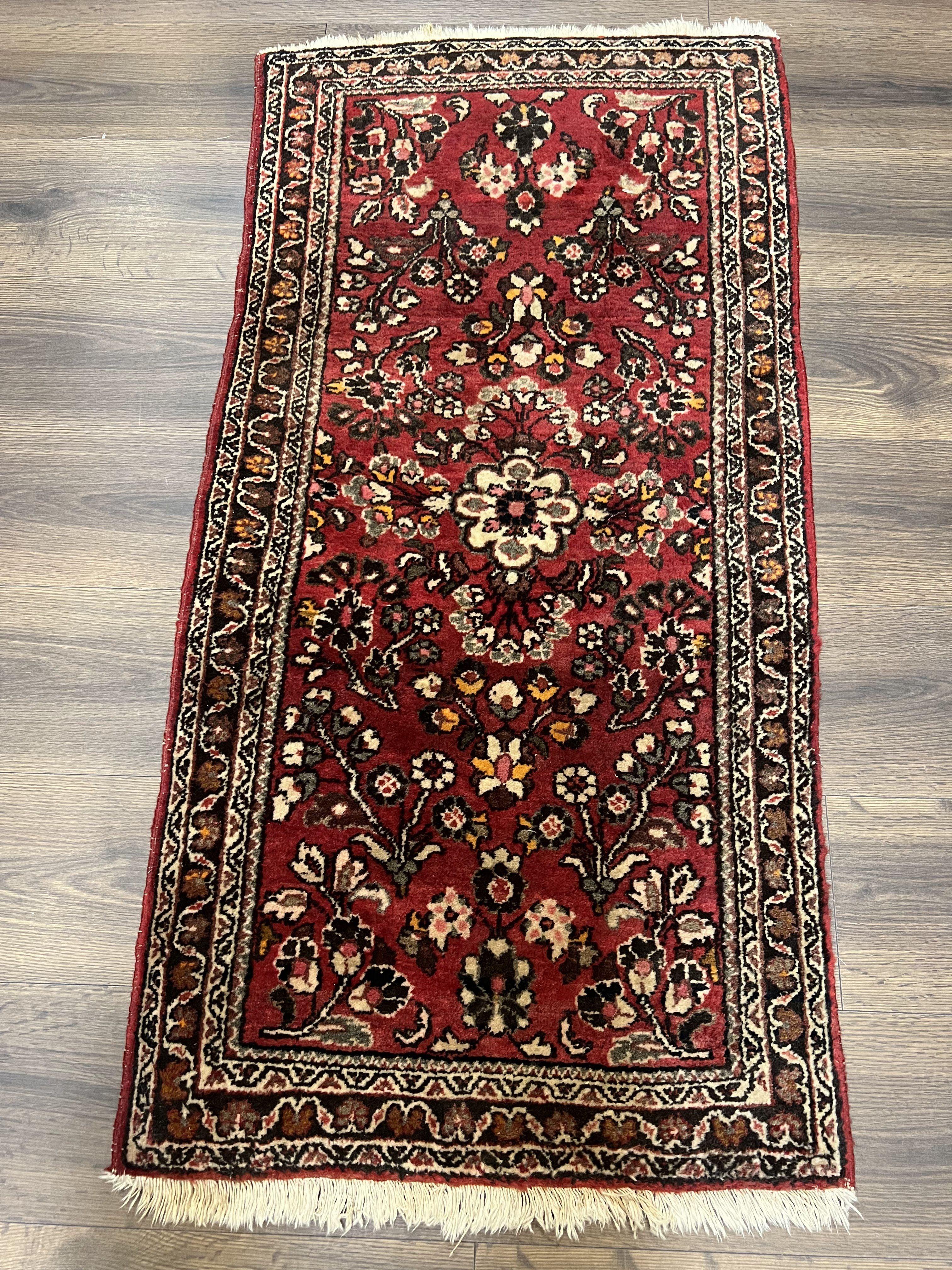 Small Persian Sarouk Rug 2x4 ft, Allover Floral Pattern, Red Black Cream, Hand Knotted Wool Traditional Oriental Carpet, Antique Persian Rug 2 x 4