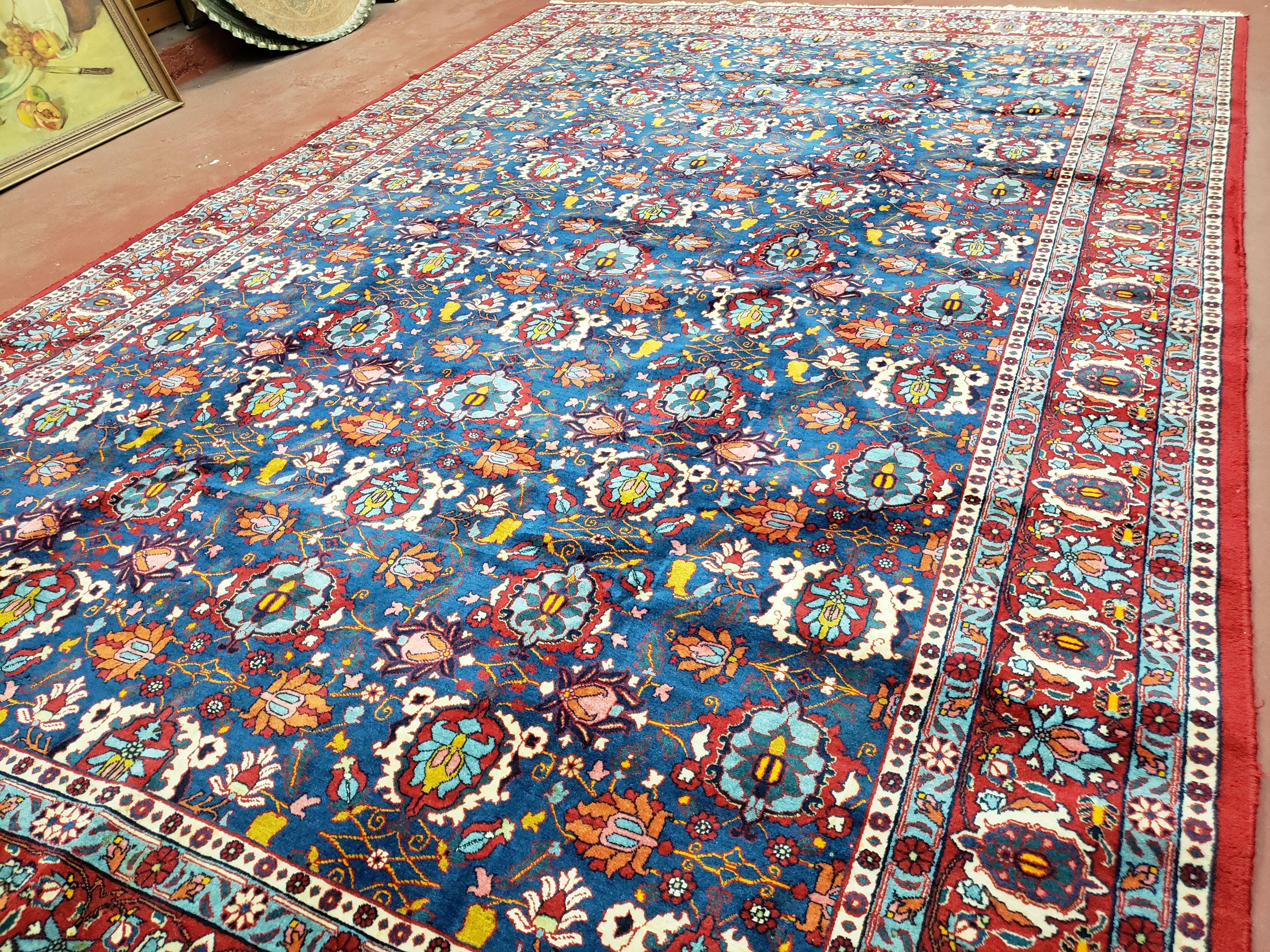 Rare Antique Persian Veramin Carpet, Mina-Khani Pattern, Blue, Red, Ivory, 7x11 ft, Hand-Knotted, Wool