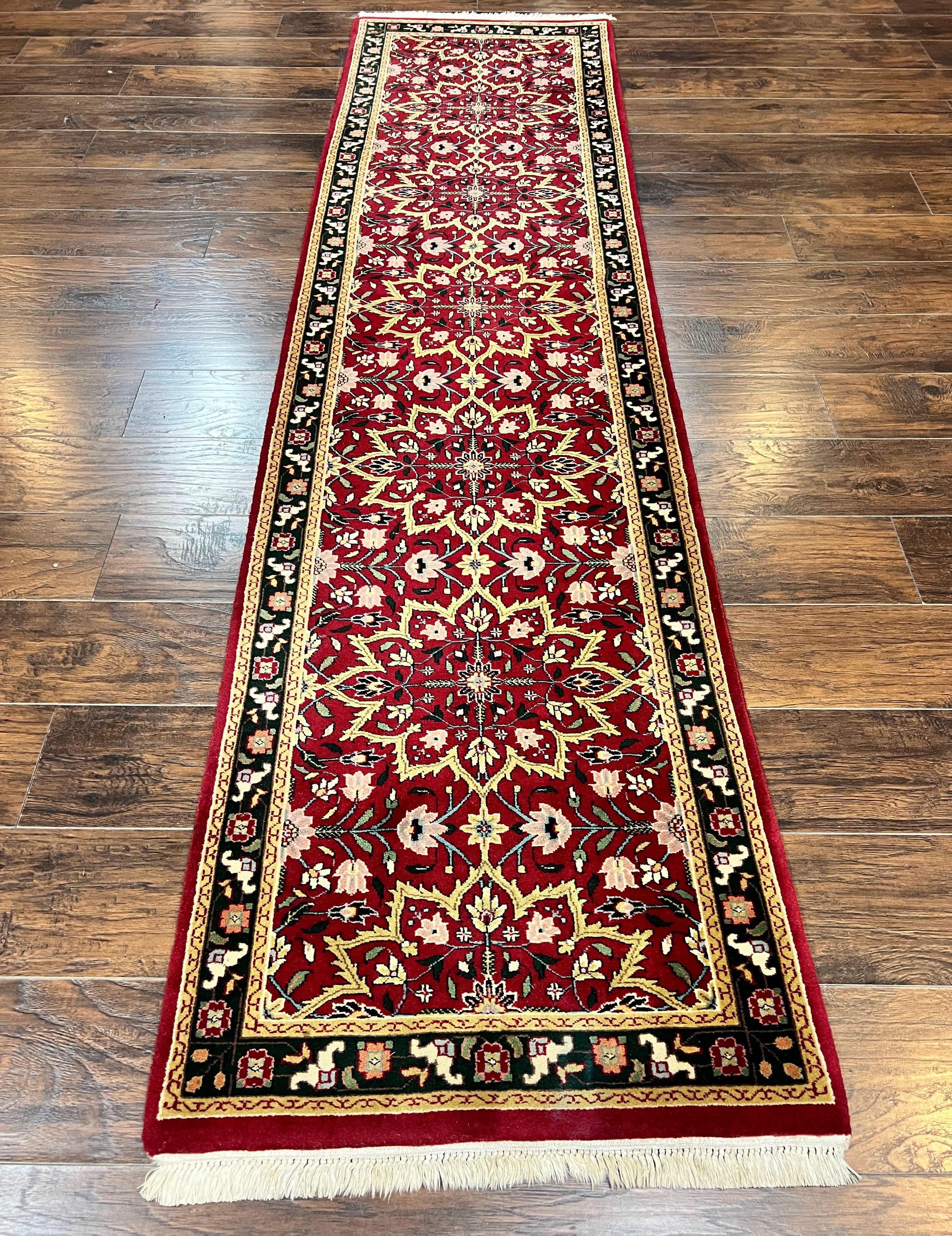 Indo Persian Runner Rug 2.6 x 10, Floral Hand Knotted Wool Hallway Rug, Red