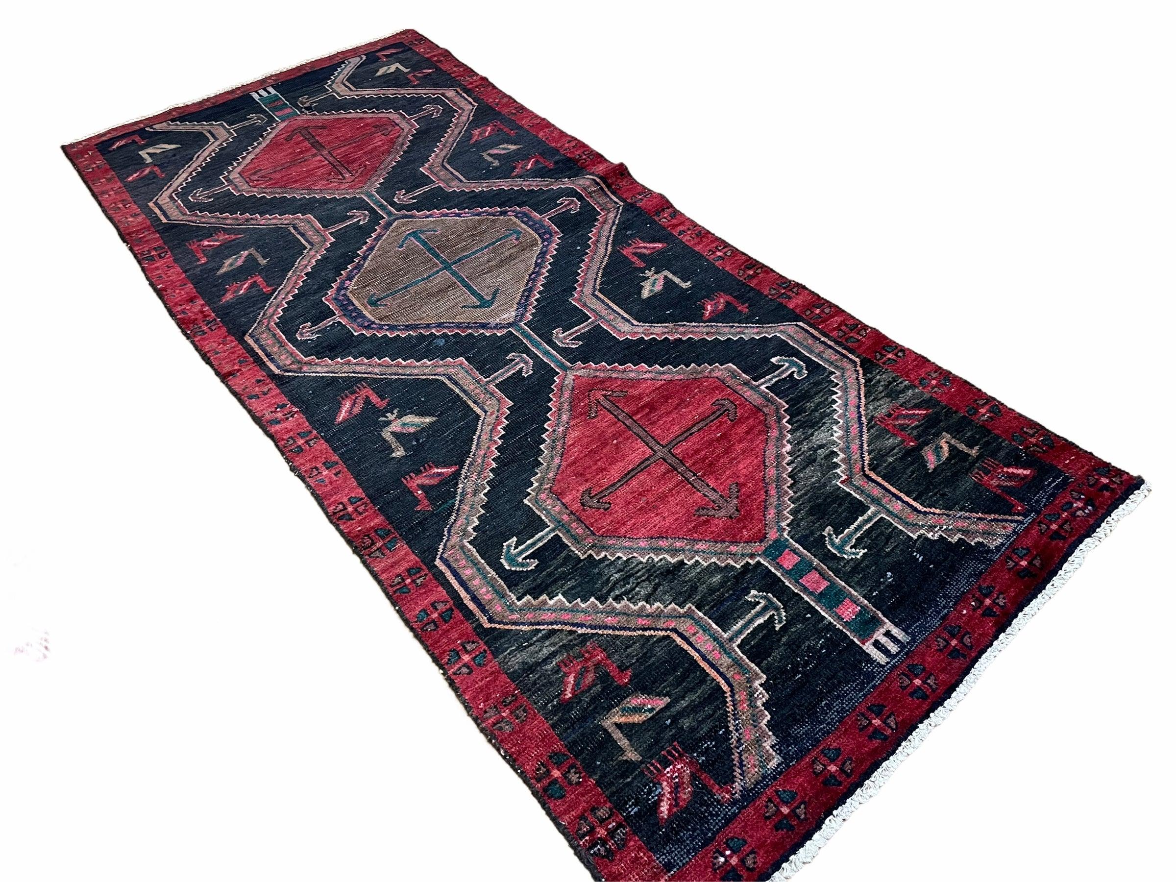 3 X 7 Handmade Wool Tribal Runner Rug Geometric Red Blue Boho Organic Dyes