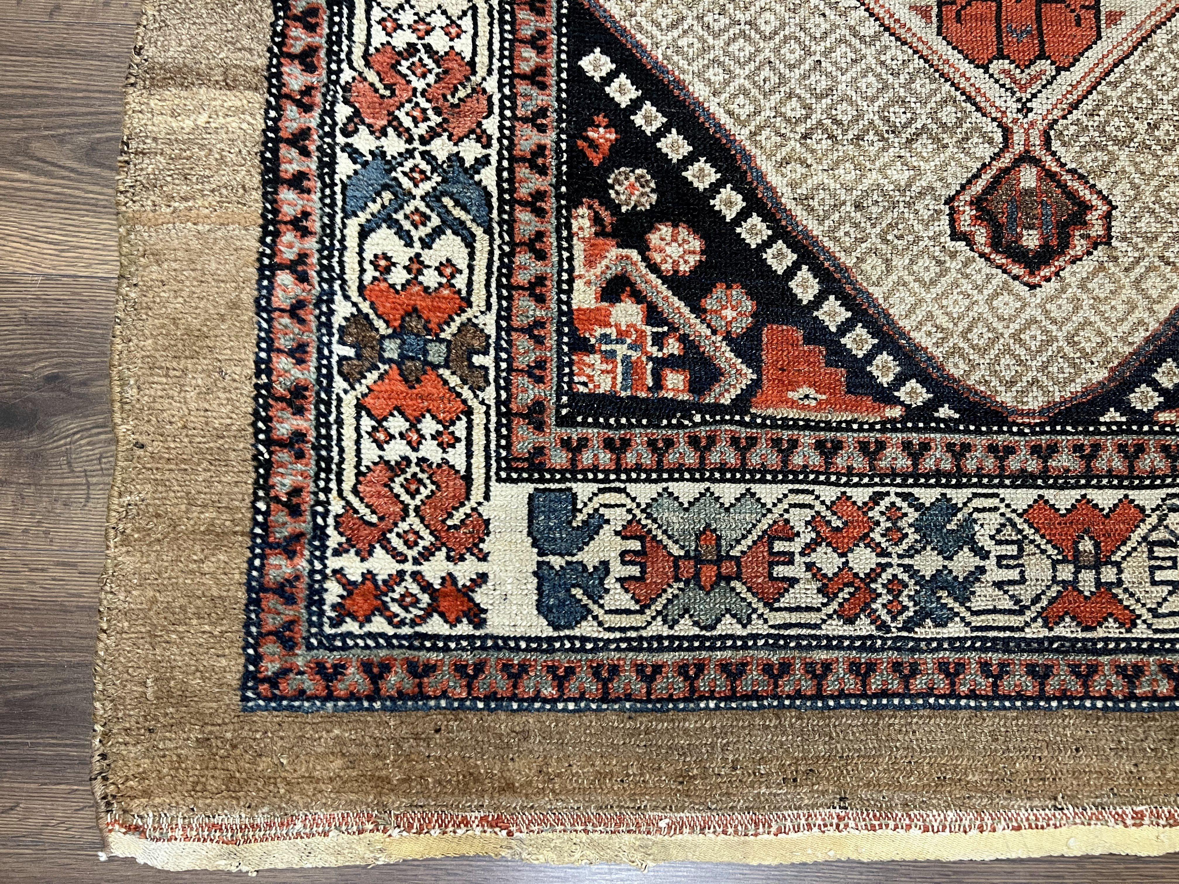Rare Persian Sarab Tribal Runner Rug 4 x 10, Antique, Geometric Medallions, Camel Hair Runner