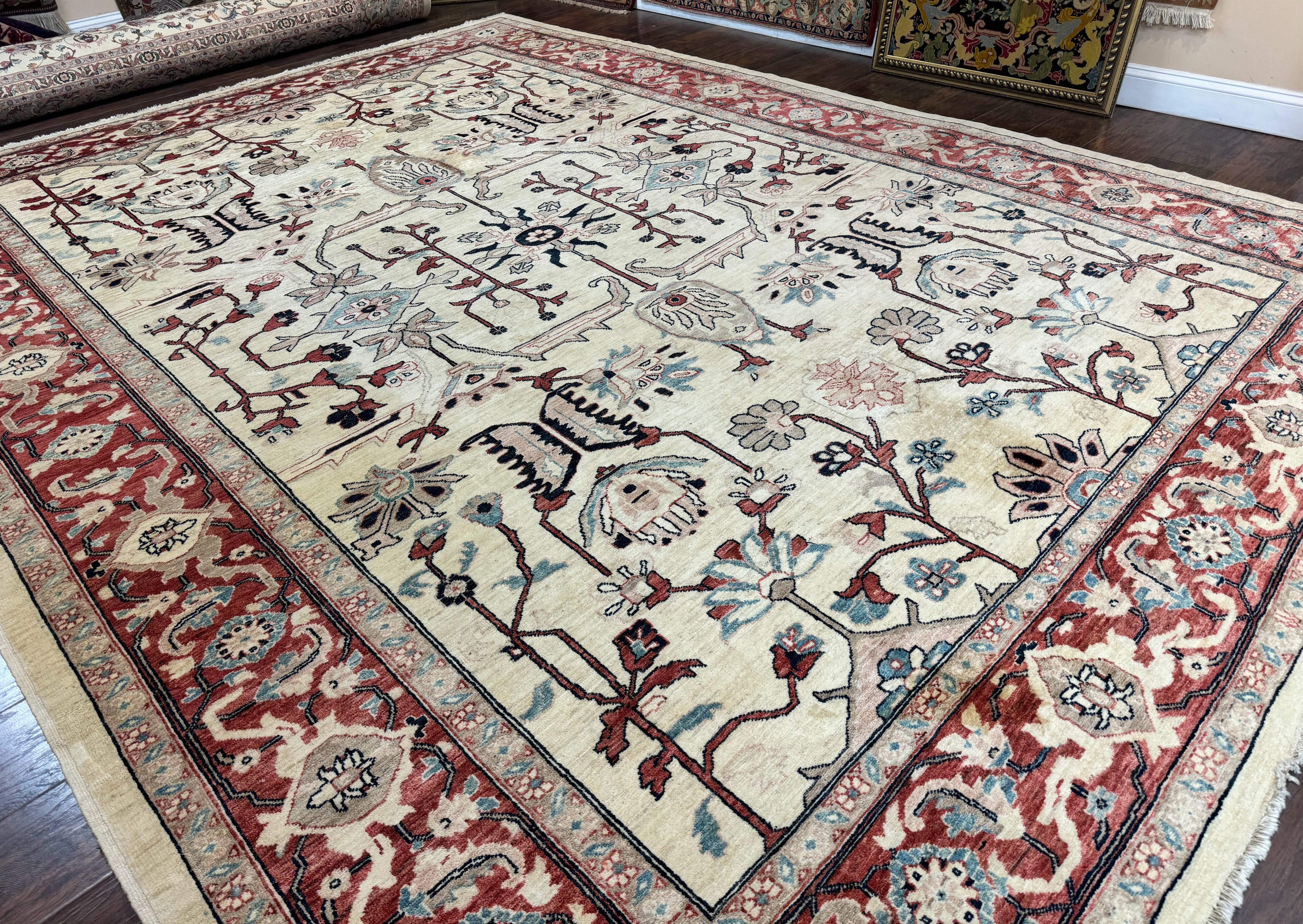 Peshawar Rug 10x14, Beige and Rust Red, Large Pak Persian Rug, Pakistani Rug