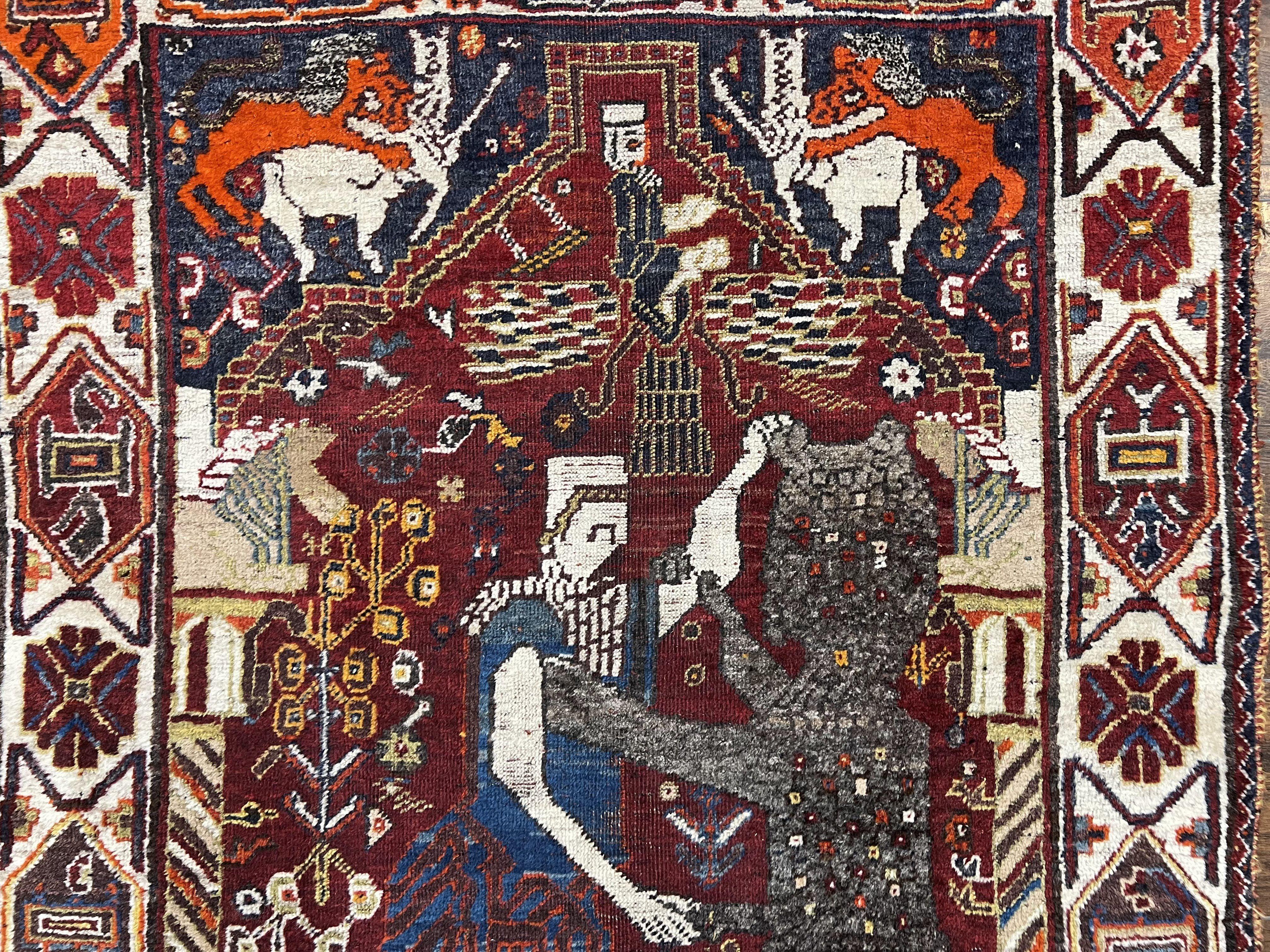 Antique Persian Shiraz Pictorial Rug 3.6 x 5, Persian Tribal Rug, Handmade, Lions, Highly Unique Collectible Small Persian Carpet, Maroon, Wool