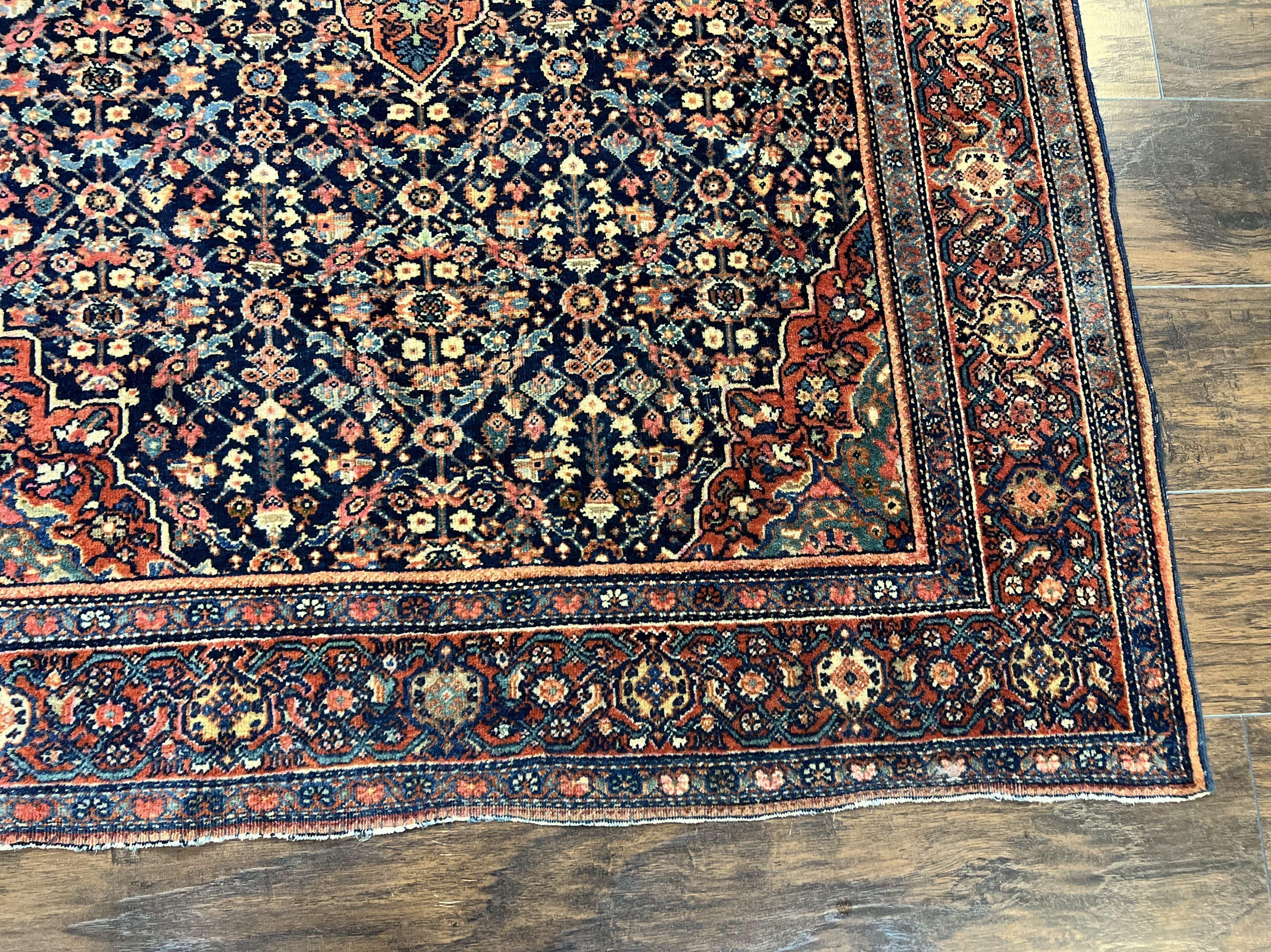 Persian Rug 4x7 Antique Sarouk Farahan Carpet, Navy Blue and Red Wool Rug