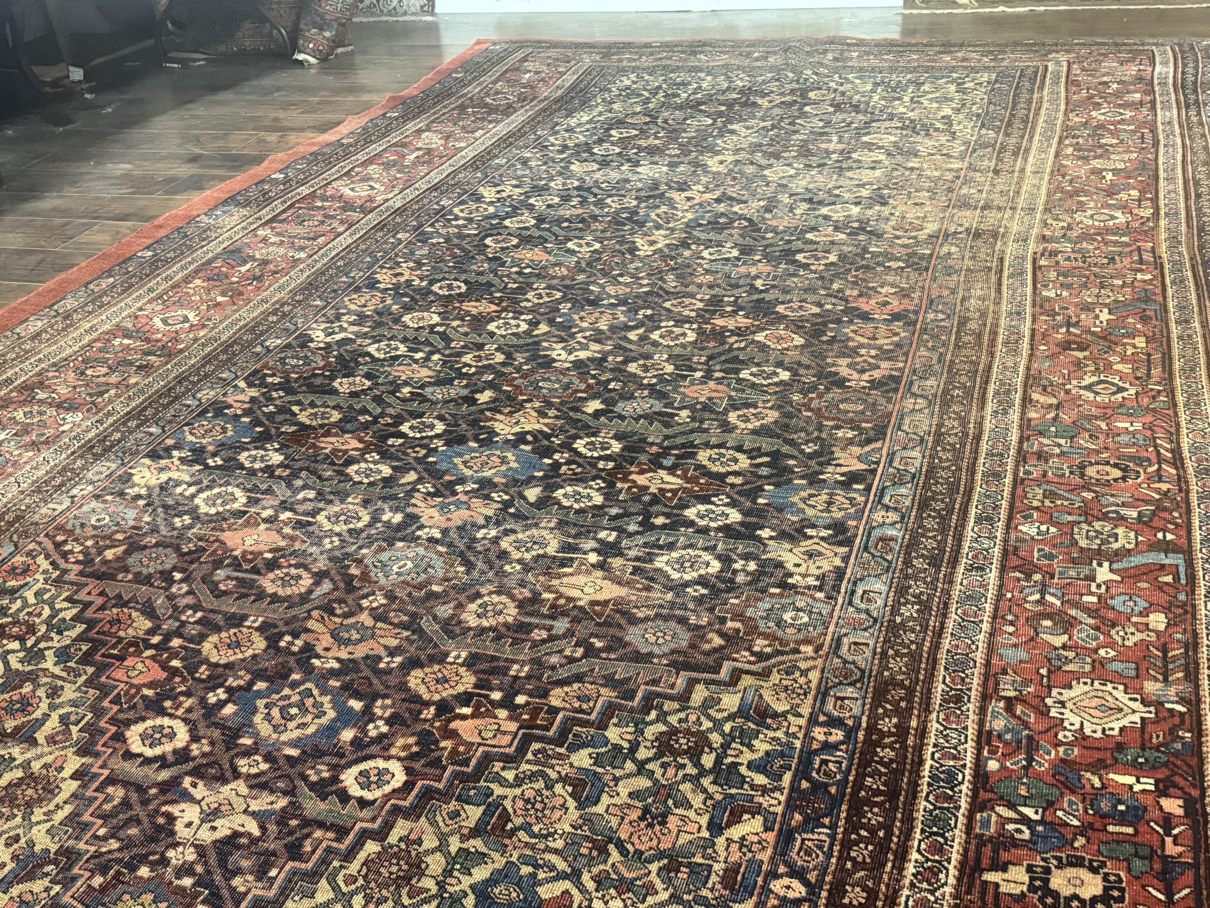 Antique Persian Bidjar Rug 8x15 – Navy Blue, Herati Pattern, Early 20th Century