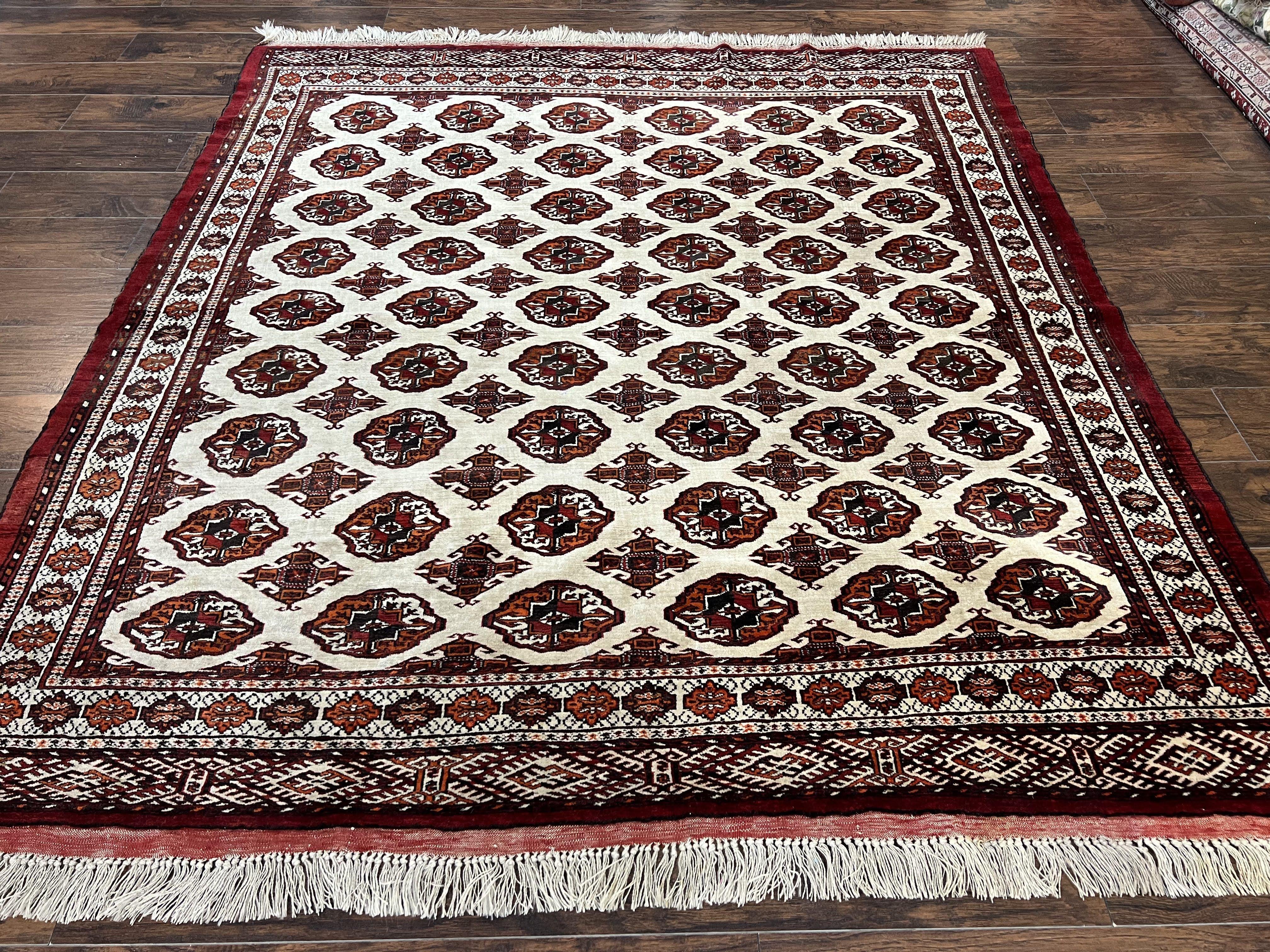 Persian Turkoman Rug 7x8, Almost Square Rare, Hand Knotted, Yamud, Bohemian Rug, Handmade Tribal Rug, Cream Red, Handmade Oriental Carpet