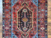 Antique Persian Tribal Rug 4x7, Wool Handmade 1920s Carpet, Red Blue, Persian Hamadan Rug