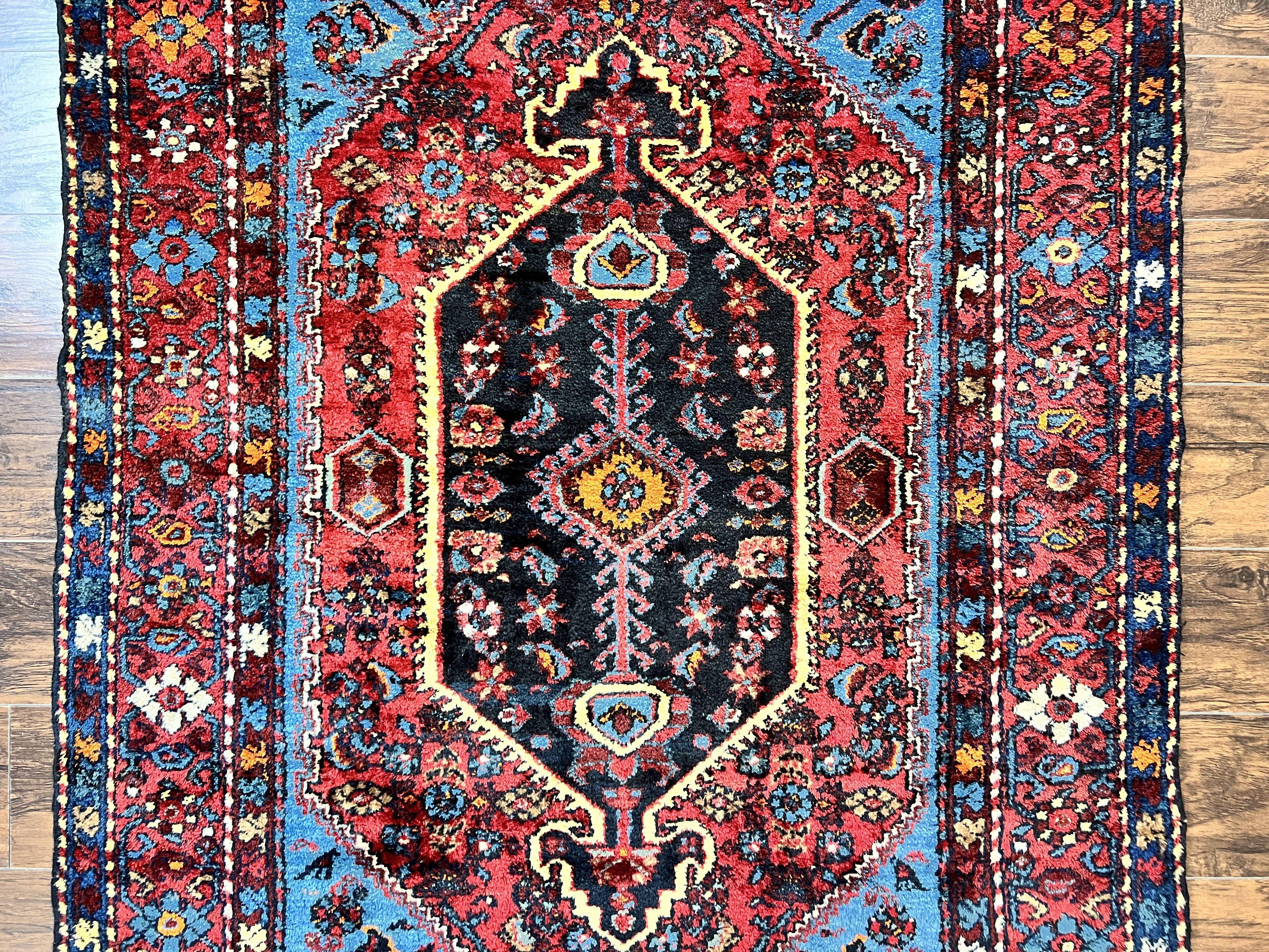Antique Persian Tribal Rug 4x7, Wool Handmade 1920s Carpet, Red Blue, Persian Hamadan Rug