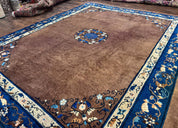 Antique Chinese Wool Rug 9x11, Large Chinese Art Deco Rug, Peking Rug, Brown and Blue, Open Field, Fete Rug