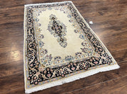 Persian Kirman Rug 4x7, Wool Hand Knotted Antique Carpet, Beige, Semi Open Field Medallion Rug, Traditional Handmade Oriental Rug