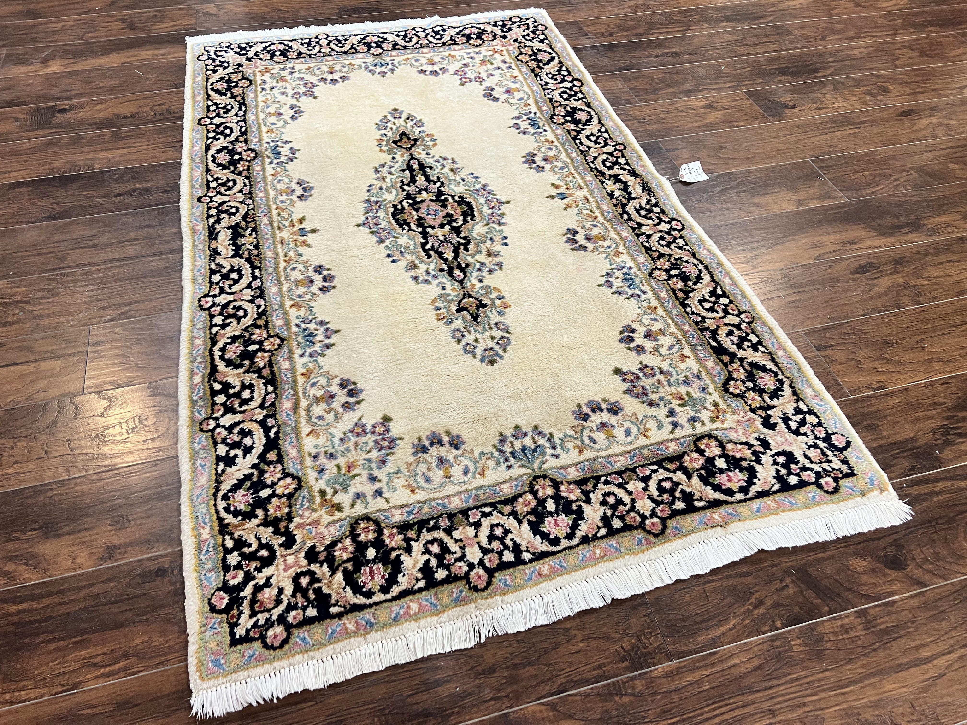Persian Kirman Rug 4x7, Wool Hand Knotted Antique Carpet, Beige, Semi Open Field Medallion Rug, Traditional Handmade Oriental Rug