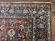 Persian Sarouk Rug 9x12, Red and Dark Blue Floral Allover Antique Persian Carpet, Handmade Wool Qazvin Rug