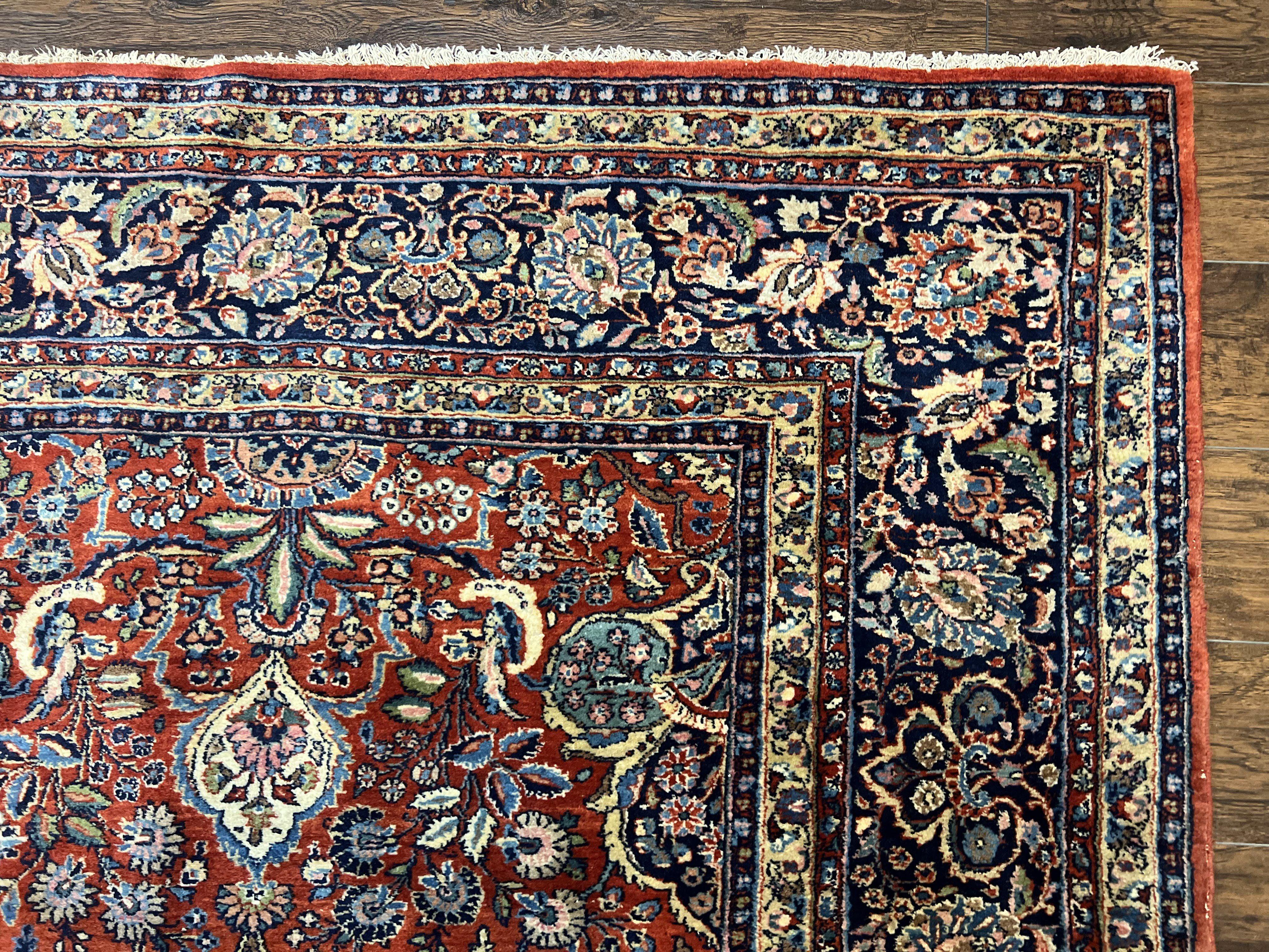 Persian Sarouk Rug 9x12, Red and Dark Blue Floral Allover Antique Persian Carpet, Handmade Wool Qazvin Rug