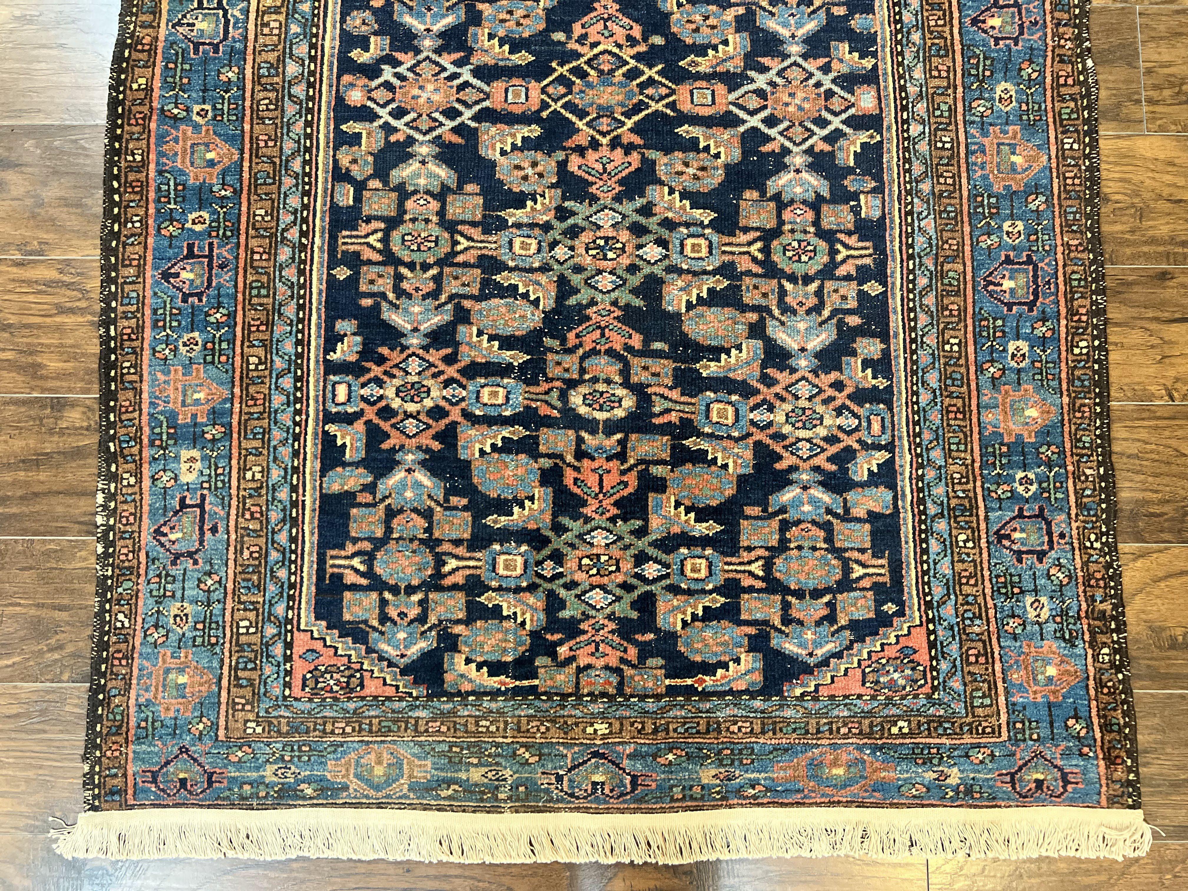 Antique Persian Tribal Rug 5x7, Navy Blue & Pink, Hand Knotted Handmade 1920s Wool Rug, Allover Pattern, Persian Hamadan Rug