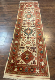 Turkish Runner Rug 2.4 x 8, Kazak Geometric Heriz Pattern, Beige Red